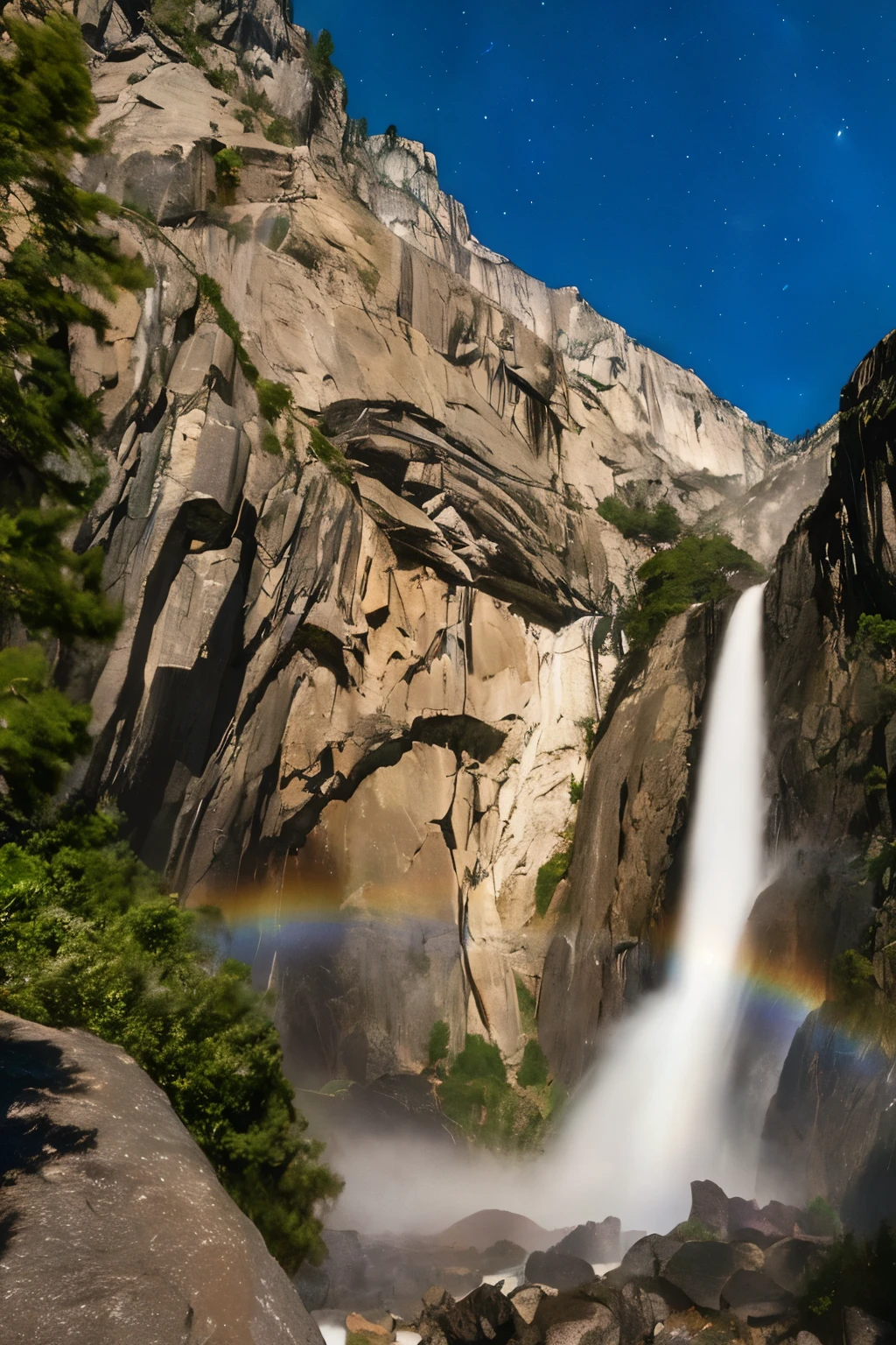 there is a rainbow in the sky above a waterfall, moonbow, yosemite, ethereal rainbows, ryan dyar, cascading iridescent waterfalls, galactic waterfalls, rainbow, yosemite valley, insanely mystical, rainbow river waterfall, lakes and waterfalls, f/3.2, waterfalls and lakes, rainbow reflections, nebula waterfalls, magical and mystical, just one rainbow 8 k