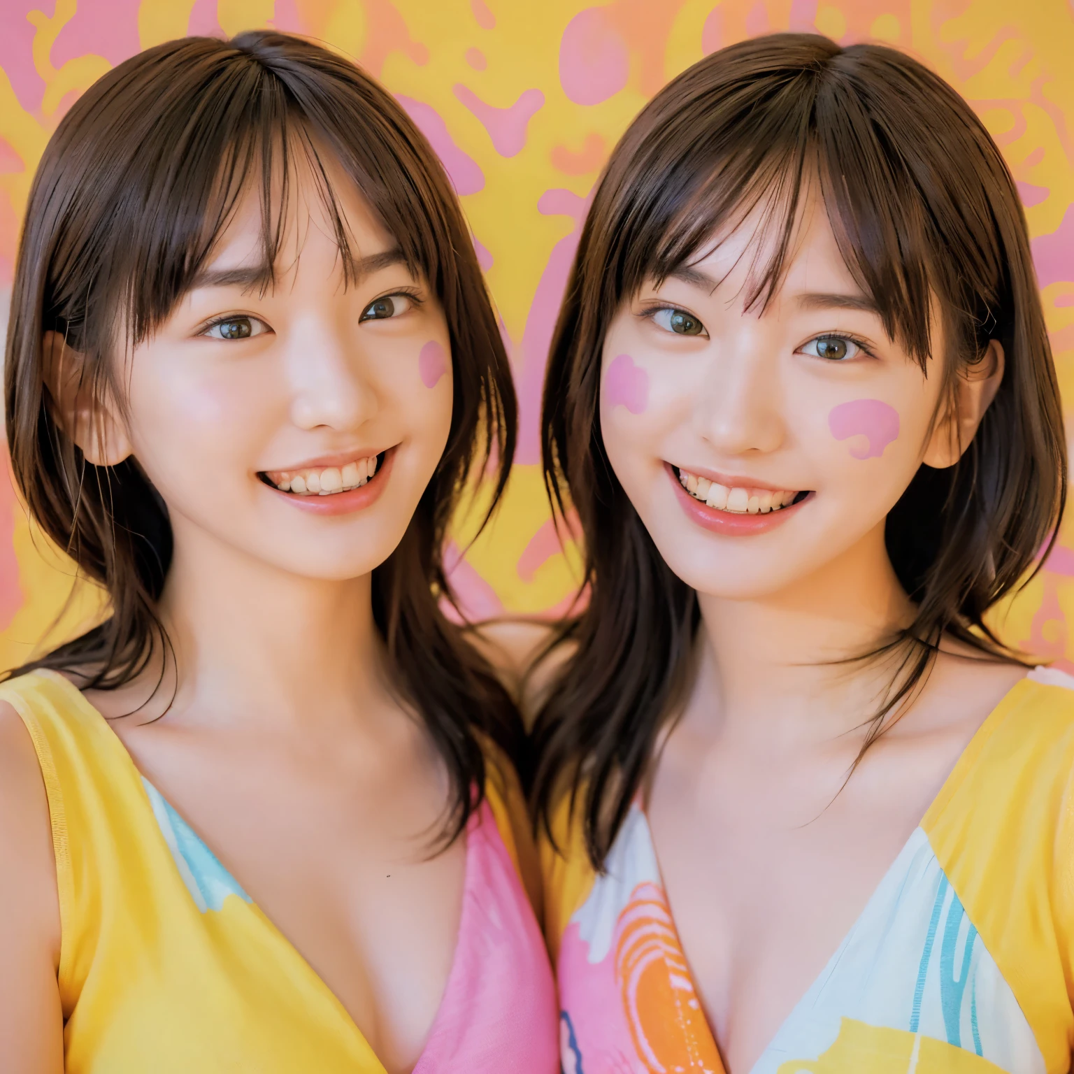 (extra detailed body、highly detailed face、best quality:1.2)、identical twin sisters、looking at the viewer、(psychedelic、marbling、laughter)、(background lemon color:1.4)