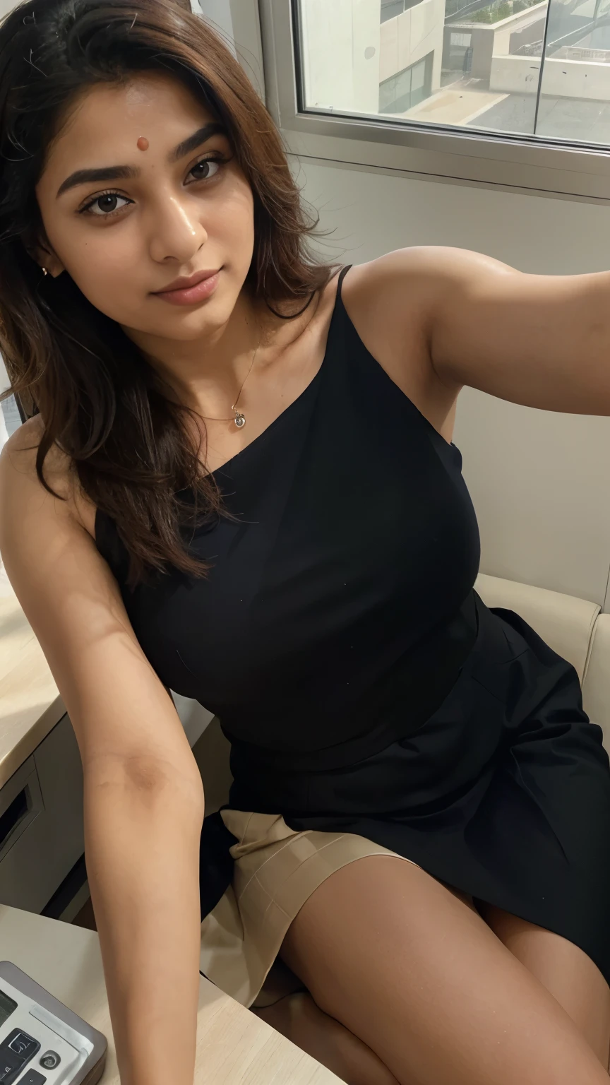 Picture this scene: The Gujarati woman, dressed impeccably in formal attire, is seated comfortably behind her desk at HDFC Bank. With a subtle air of confidence, she holds her smartphone, capturing a candid selfie from the front camera.
Her posture is relaxed yet attentive, embodying professionalism as she balances her duties at the bank with a moment of personal expression. The midday sunlight streams in through the windows, casting a warm glow on her features, enhancing her natural beauty.
Despite the mundane setting of a bank, there's a sense of quiet elegance and poise about her. The absence of jewelry accentuates her simplicity and focus on her responsibilities as she efficiently manages her tasks.