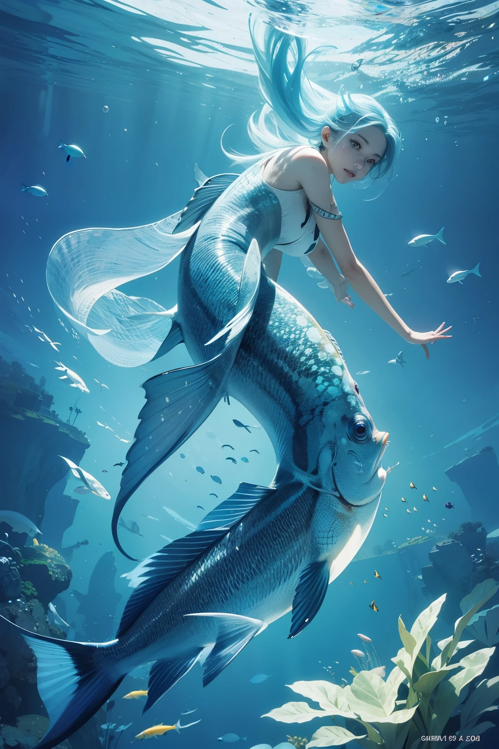A camera in the sky, as if belonging to a fish, captures the fish in a brillianly intricate 360-degree fashion. The fish flies freely against the backdrop of a clear blue sky, every detail of its scales and fins meticulously rendered. The resolution is of the highest caliber, each pixel showcasing the fish's breathtaking form in stunning clarity. This revelatory image is a true tmasterpiece, a beautiful and captivating sight to behold. [

For those who might need a more advanced description:

Utilizing a state-of-the-art, equirectangular columnar 3D rendering technique, this image brings to life a fish
