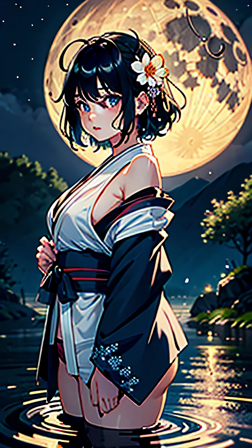 1 girl, Chest, moon, lantern, night, alone, large Chest, hair accessories, wet, kimono, japanese clothes, 涉water, water, hair flower, flower, Outdoor sports, Sky, full moon, rain, black hair, take off shoulders, Mountain, cloud, Keep, sash, bare shoulders, paper lantern, Permanent installation, white kimono, night Sky, side Chests, Heart, wet clothes, Bangs, tree, from the side, reflection, short hair, cloudy Sky, wet hair (((masterpiece),(Extremely detailed CG unified 8k wallpaper),best quality,,alone,1 girl,Light,Detailed background,beautiful and delicate eyes,bright pupils, (extremely delicate and beautiful),(Beautiful and detailed eye descriptions)， super detailed,masterpiece,)),