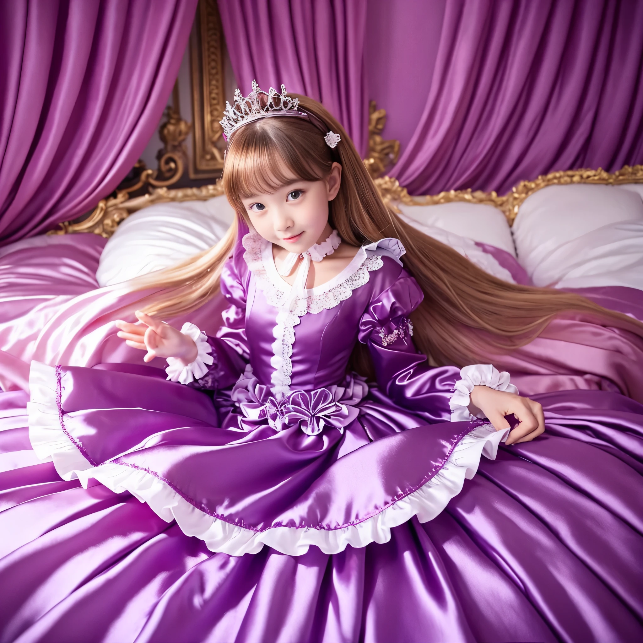 ,highest quality, masterpiece, highest resolution, artwork, super それにget used to it, many get used to it, get used to it, それにget used to it, 3K realistic photos,,(()),Super detailed baby face,both are princailed luxury tiara,Full length ball gown dress with hoop skirt,ruffled yoke collar,Detailed braided ribbon on chest,puff sleeves,long sleeve,((Lolita style purple detailed princess satin dress、Comes with lots of frills and ribbons。)),crazy&#39;colorful fashion,shiny silk satin dress,soft and smooth silk satin fabric,luxury,Very long blonde hair,blue eyes,white skin european,pajamas,((inside the palace)),Princess dancing happily,gorgeous flowing dress,fine white frills and lace,Super long hair that is as tall as your body,white long socks,drawers with lots of frills,castle bedroom at night,Super long flowing hair,on the bed,豪華な天蓋付きon the bed,巨大な広いon the bed,Purple pillow with lots of frills,Silk satin purple curtains with luxurious ruffles and ribbons surround the bed,princess sitting on bed,Pillows piled up behind the princess,A princess leaning back on a pile of pillows,Long hair scattered like a fan on the bed,soft silk satin purple bed sheets,