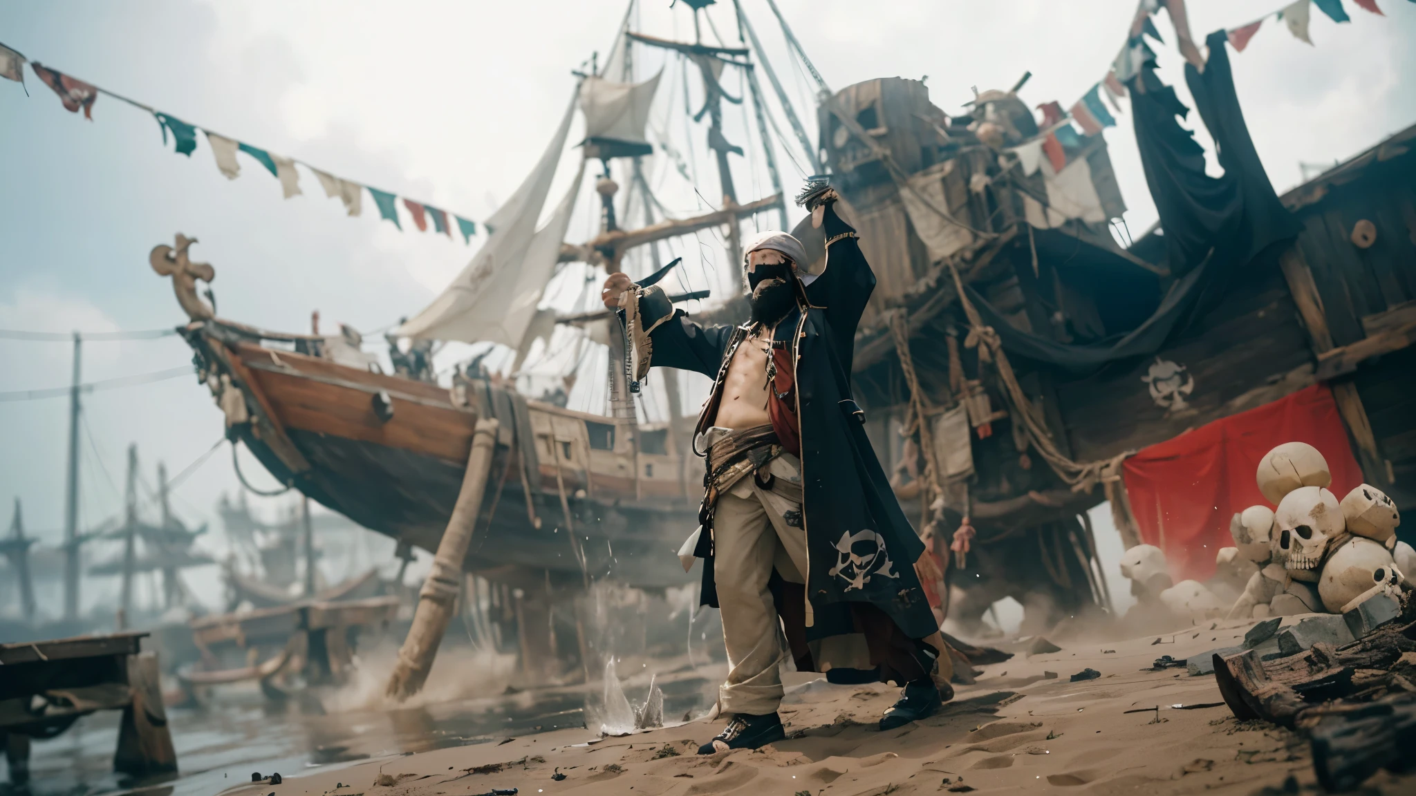 ((Kurohige_ONE PIECE)) ((Pirate ship background)),(Blackbeard_One piece),((realistic, photorealistic)),(highlight hair)), Light reflection, (( HD )),((upper body)), (((best quality, masterpiece))), (masterpiece) (best quality) (detail) (8k) (HDR) (wallpaper) (cinematic lighting) (sharp focuasterpiece, best quality: 1.1), , solo,1man,Pirate, Black long beard, cracked ground,Sand, Skulls,Sand particles, black aura, black smoke,