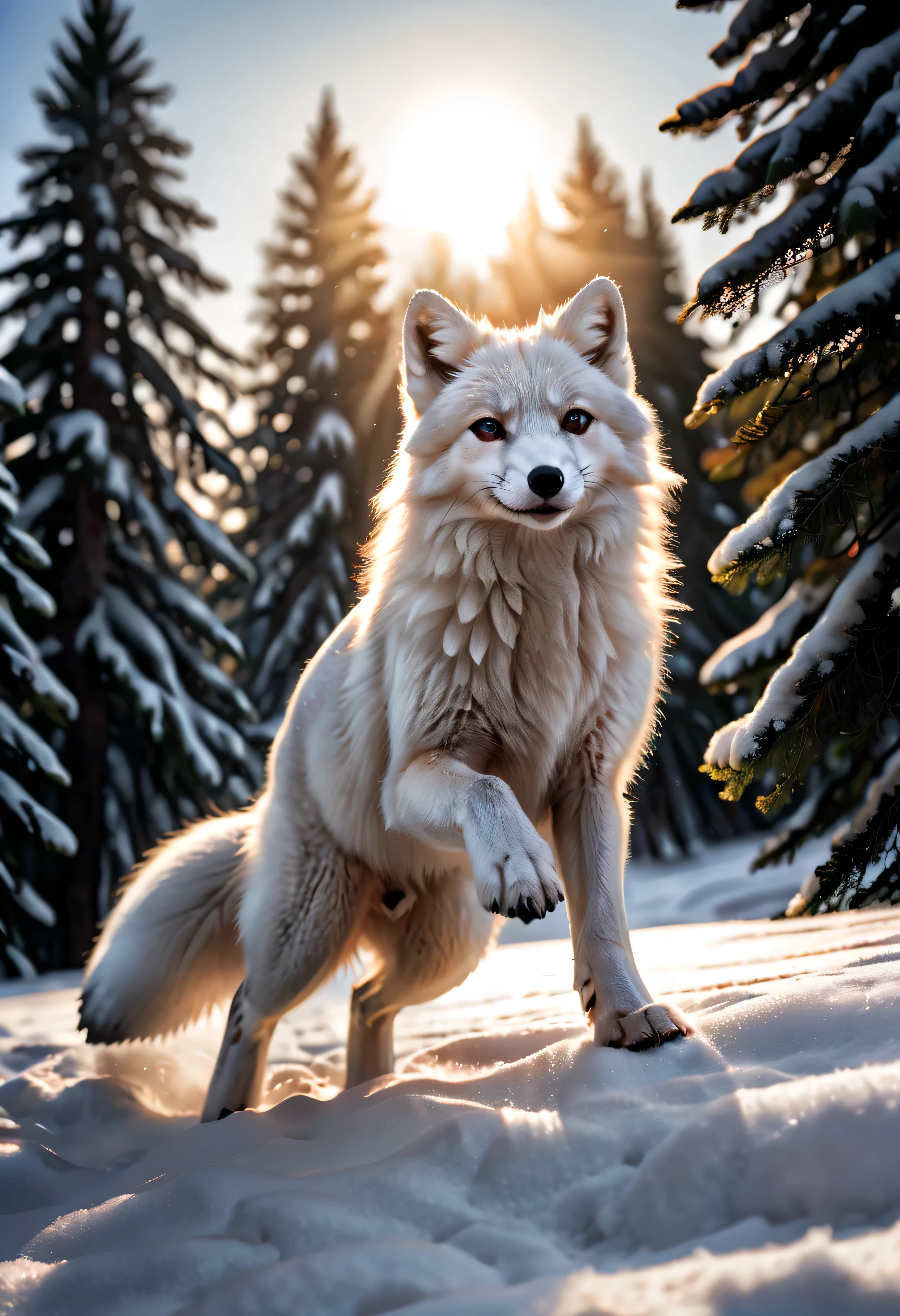 An arctic fox plays happily in pure white snow，Its hair shines silvery white in the sun，Surrounded by quiet snow scenery，There is a neat row of cedar trees behind the fox。