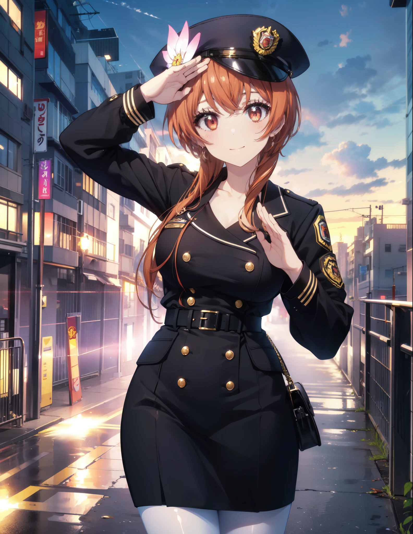 8k,highest quality,masterpiece,expensive body, expensive, long legs, mature female, mature, adult, It is_Nisekoi_orange, 1 girl, alone, hair ornaments, flower, hair flower, smile, null, long hair, outdoors,  brown hair, red eyes, clavicle, brown eyes, orange hair, side lock,sexy police uniform,police hat,black pencil skirt,White pantyhose,stiletto heels,whole body,Girl salutes, Hands are applied to the head,(masterpiece:1.2), highest quality, High resolution, unity 8k wallpaper, (shape:0.8), (beautiful and detailed eyes:1.6), highly detailed face, perfect lighting, Very detailed CG, (perfect hands, perfect anatomy),