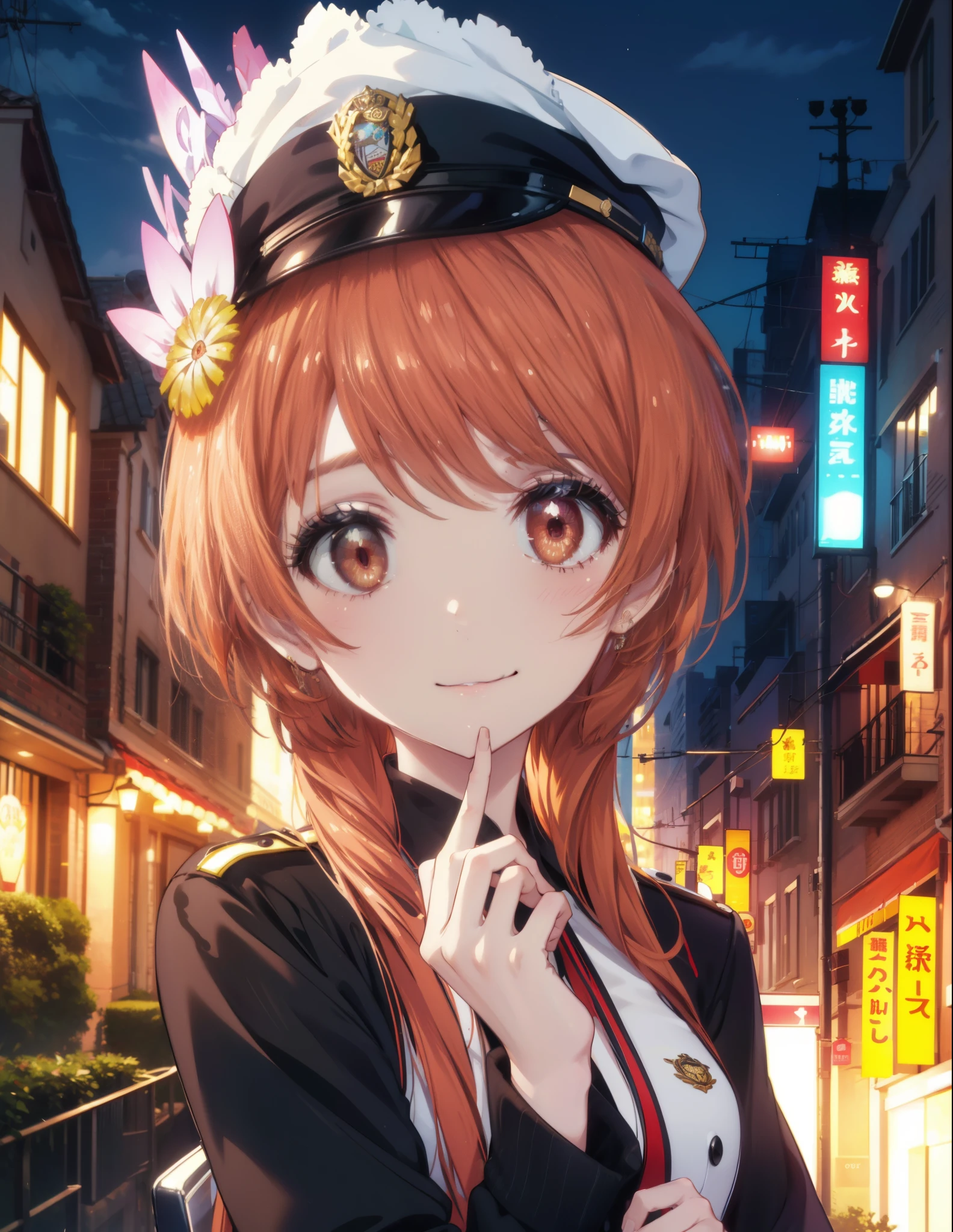 8k,highest quality,masterpiece,expensive body, expensive, long legs, mature female, mature, adult, It is_Nisekoi_orange, 1 girl, alone, hair ornaments, flower, hair flower, smile, null, long hair, outdoors,  brown hair, red eyes, clavicle, brown eyes, orange hair, side lock,sexy police uniform,police hat,black pencil skirt,White pantyhose,stiletto heels,whole body,Girl salutes, Hands are applied to the head,(masterpiece:1.2), highest quality, High resolution, unity 8k wallpaper, (shape:0.8), (beautiful and detailed eyes:1.6), highly detailed face, perfect lighting, Very detailed CG, (perfect hands, perfect anatomy),