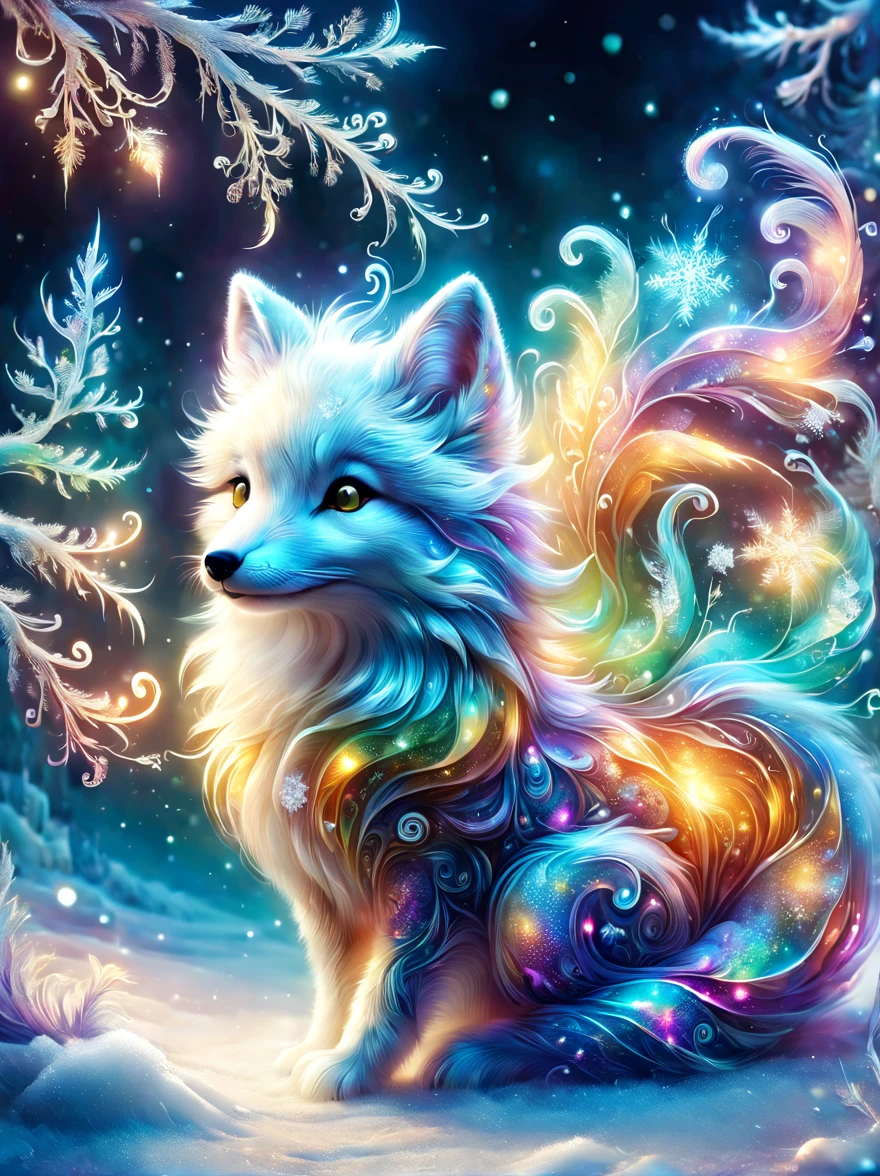 (best quality, 8k, high resolution, masterpiece:1.2), bright colors, magical atmosphere, whimsical, ((1 cute arctic snow fox, Rolling and playing in the incredibly beautiful snow，It&#39;s snowing，snowflake，white snow)), surreal, Psychedelic, intricate details, Beautiful texture, ethereal, like a dream, soft glow, charming pattern, fantasy creatures, hidden surprise, Fantastic snowscape, surreal color palette, Mysterious aura, Surrealism, fascinating journey, psychedelic trip, vivid imagination, Immersive experience, Mysterious creature, otherworldly charm, glow path, Snow lighting up arctic forests, surreal sky, whimsical scenery,, Wonderful encounter in the snow, Charming snow art