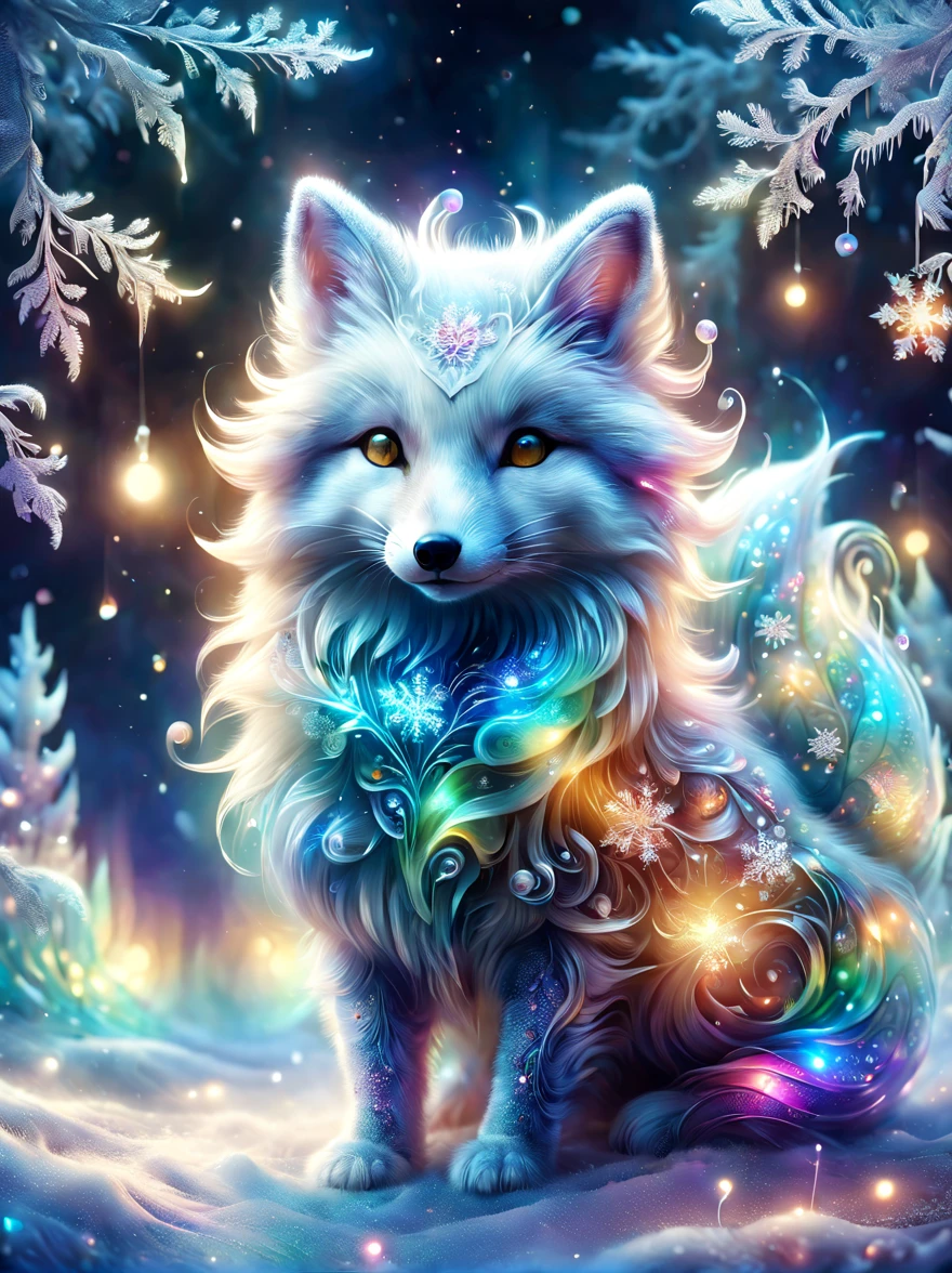 (best quality, 8k, high resolution, masterpiece:1.2), bright colors, magical atmosphere, whimsical, ((1 cute arctic snow fox, Rolling and playing in the incredibly beautiful snow，It&#39;s snowing，snowflake，white snow)), surreal, Psychedelic, intricate details, Beautiful texture, ethereal, like a dream, soft glow, charming pattern, fantasy creatures, hidden surprise, Fantastic snowscape, surreal color palette, Mysterious aura, Surrealism, fascinating journey, psychedelic trip, vivid imagination, Immersive experience, Mysterious creature, otherworldly charm, glow path, Snow lighting up arctic forests, surreal sky, whimsical scenery,, Wonderful encounter in the snow, Charming snow art