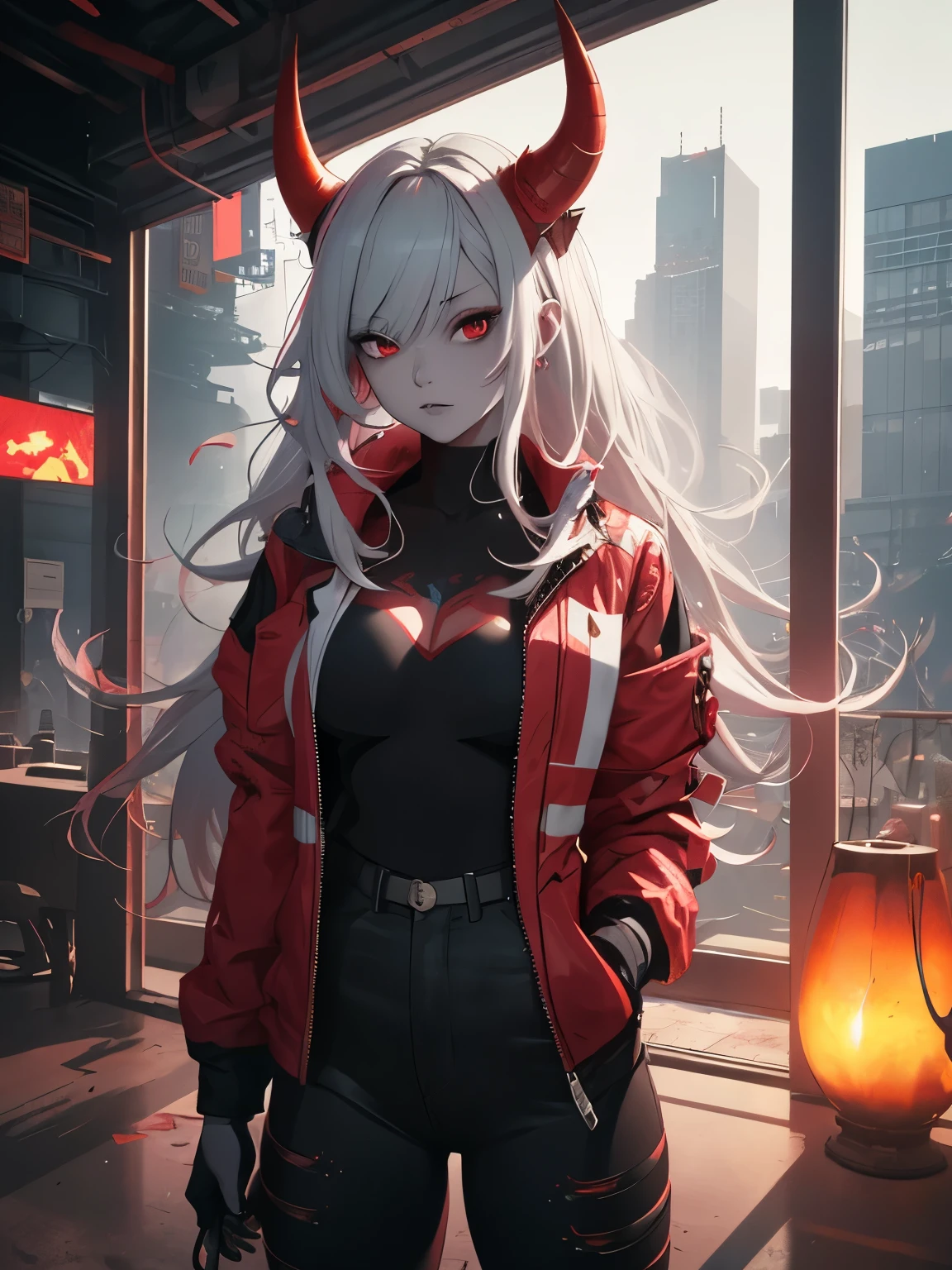 A girl with a red Oni mask, red horns, white hair, yellow cyberpunk pants, black, and white. (best quality, 4k, 8k, highres, masterpiece:1.2), ultra-detailed, (realistic, photorealistic, photo-realistic:1.37), HDR, UHD, studio lighting, extreme detail description, professional, vivid colors, bokeh, illustrations, cyberpunk style, vibrant color tone, dramatic lighting.