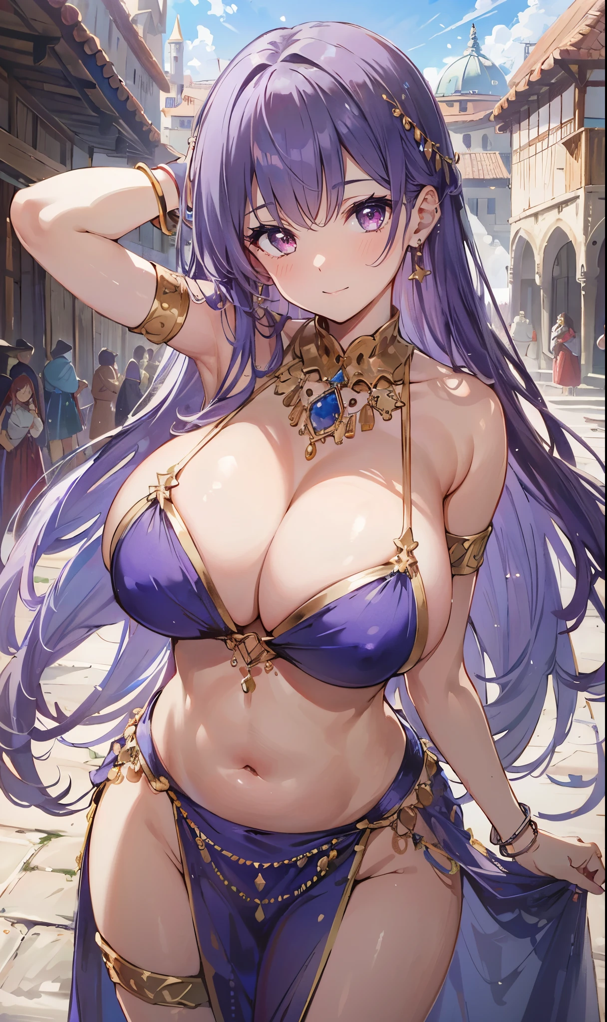 high quality, super detailed, 最high quality, Extremely detailed, beautiful, masterpiece, 1 girl, plaza, medieval europe, cowboy shot, red eyes, long hair, light purple hair, (belly dancer, harem costume, pelvic curtain:1.2), purple costume, barefoot, circlet, earrings, bangle, bracelet, shy smile, dancing, big breasts, cleavage, soft belly