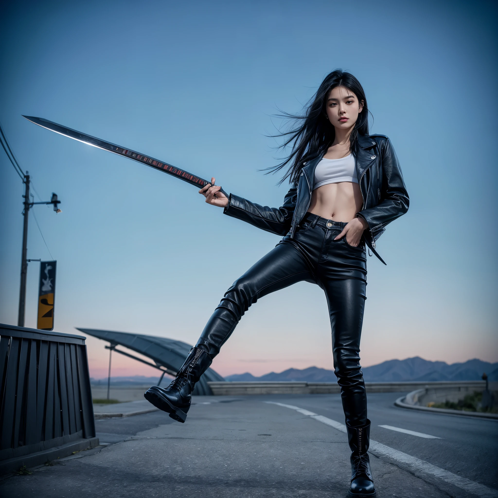 1girl,beautiful,black hair, wearing a black leather jacket,blue jeans,wearing boot shoes,skin glossy,standing and holding a katana,kicking an enemies,Surrealism, 8k, super detail