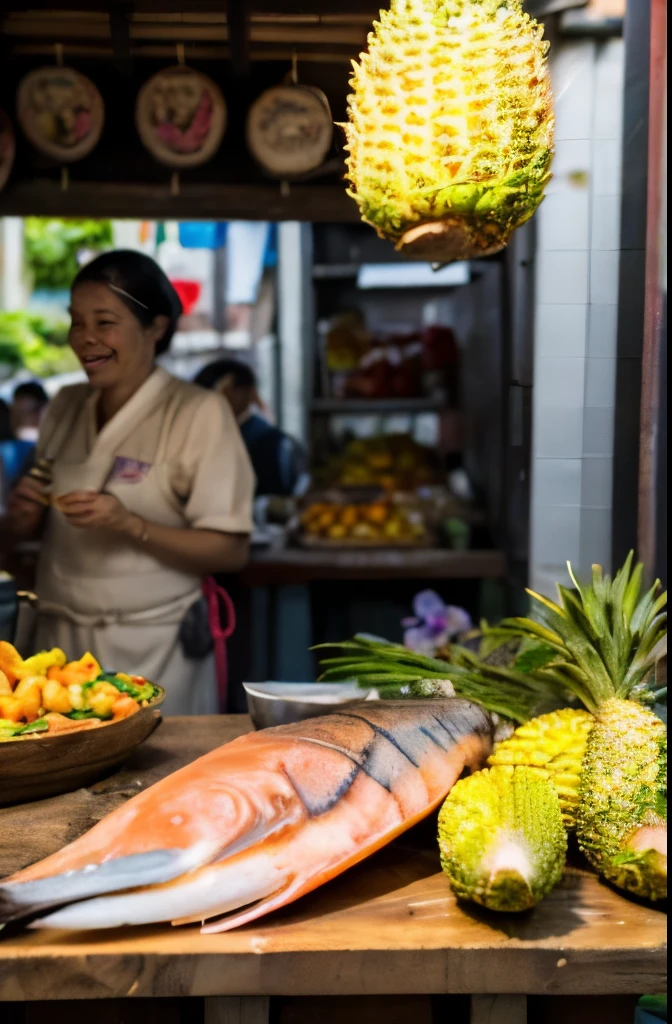 (best quality,4k,highres,masterpiece:1.2),ultra-detailed,(realistic:1.37) Tropical village market and a beautiful woman working at the fish stall,tropical village,exotic fruits,vibrant colors,authentic atmosphere,lively crowd,humid tropical climate,hut-like stalls,leaves of palm trees,local produce from the sea,freshly caught fish,shimmering scales,diverse seafood selection,pungent aroma of seafood,fishmonger's busy hands,sharp knives and cutting boards,glistening seafood display,fish scales reflecting sunlight,traditional clothing,flower crowns,warm smiles and friendly greetings,bustling market scene,background chatter and negotiation,authentic street food stalls,food stalls serving tropical delicacies,spices and herbs,wafting scents of flavorful cuisine,sizzling grills and frying pans,tropical fruits sliced and displayed,juicy pineapples,mangoes,coconut water served in freshly cracked coconuts,sounds of laughter and happiness,joyful atmosphere,charming rustic village vibe,tropical foliage and lush greenery,soft golden rays of sunlight,alluring market ambiance,vibrant and energetic scene.