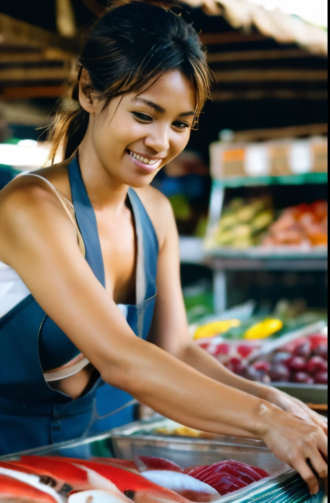 A beautiful woman works at a fish counter in a market in a village in the tropics.