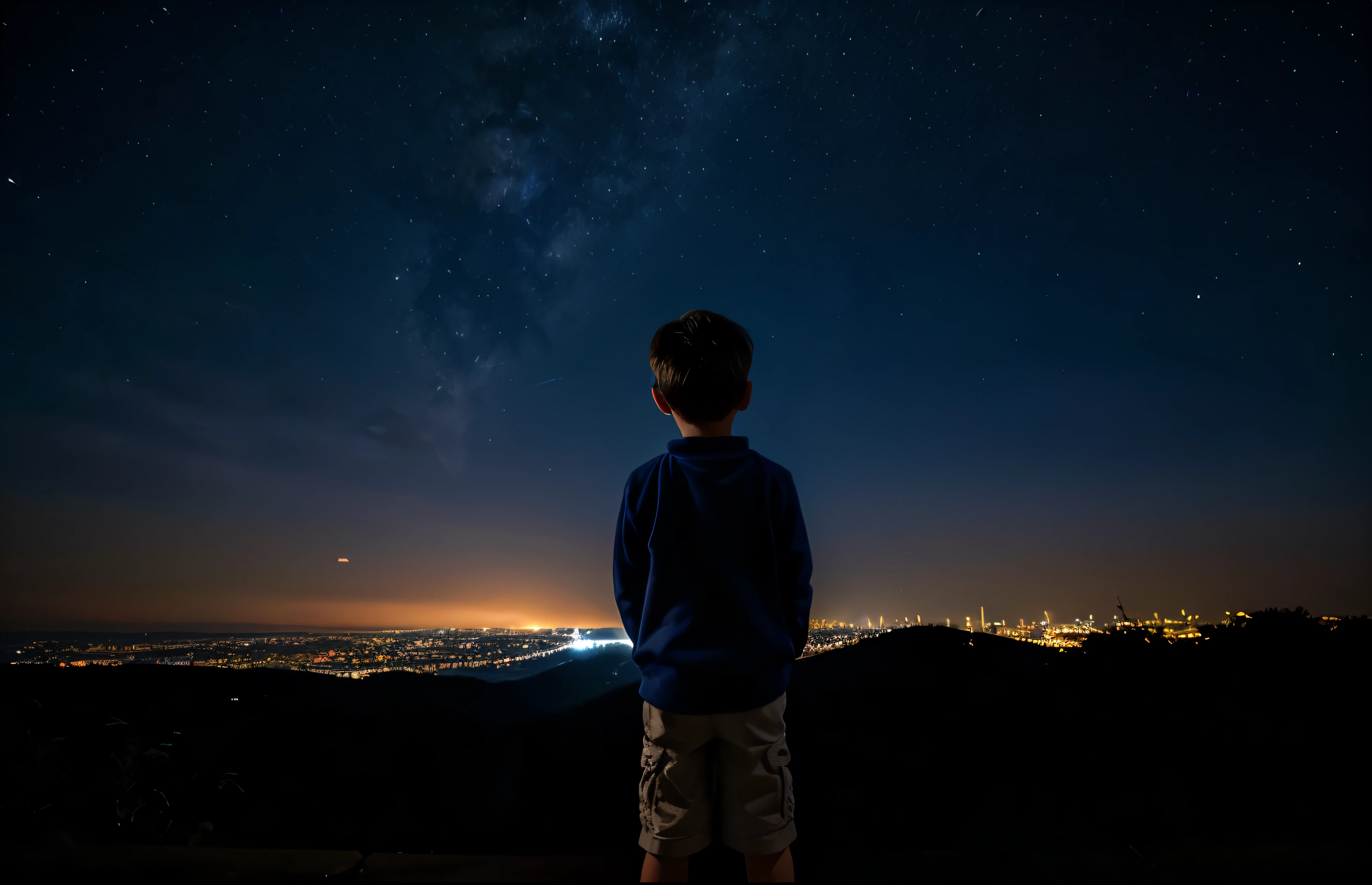 Boy looking at the night sky. Behind view