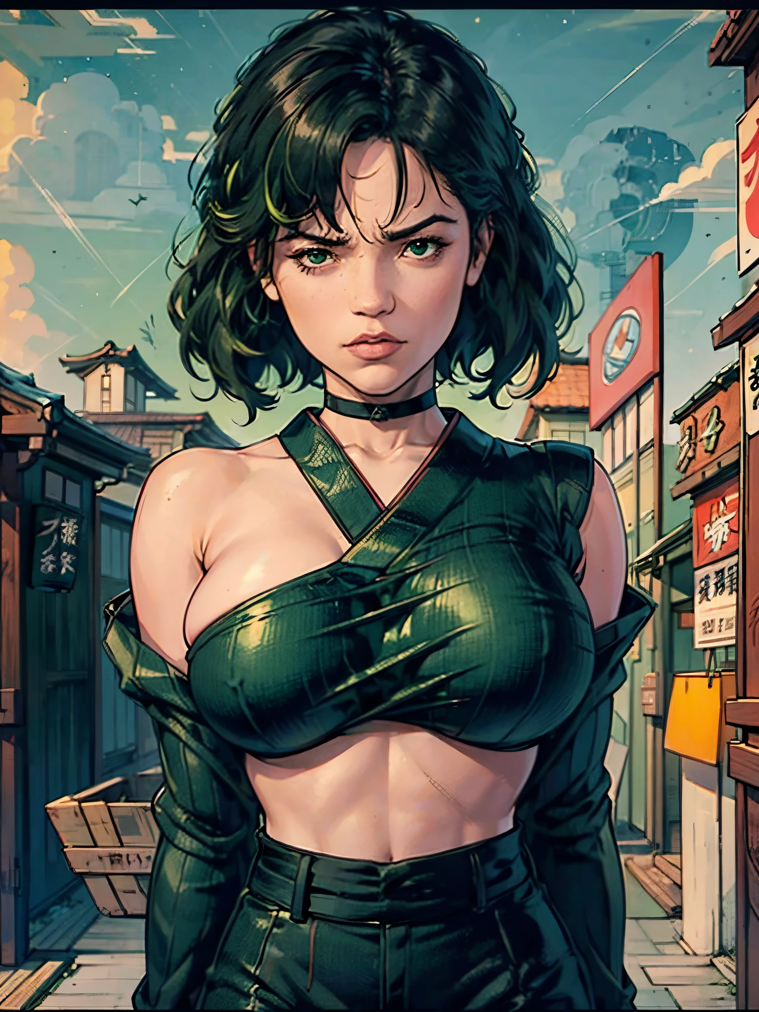 one white girl, bust, solo, upper body, very short shaved haircut, black eyes, black hair, choker, nsfw, (japanese clothes:1.3), huge breasts, open breasts, naked breasts, (one breast exposed:1.5), (one breast in clothes:1.3), one bare shoulder, masterpiece, highly detailed, look at viewer, (blured background, smoothed background, green sky background:1.3), evil face, angry face, (front view:1.2)