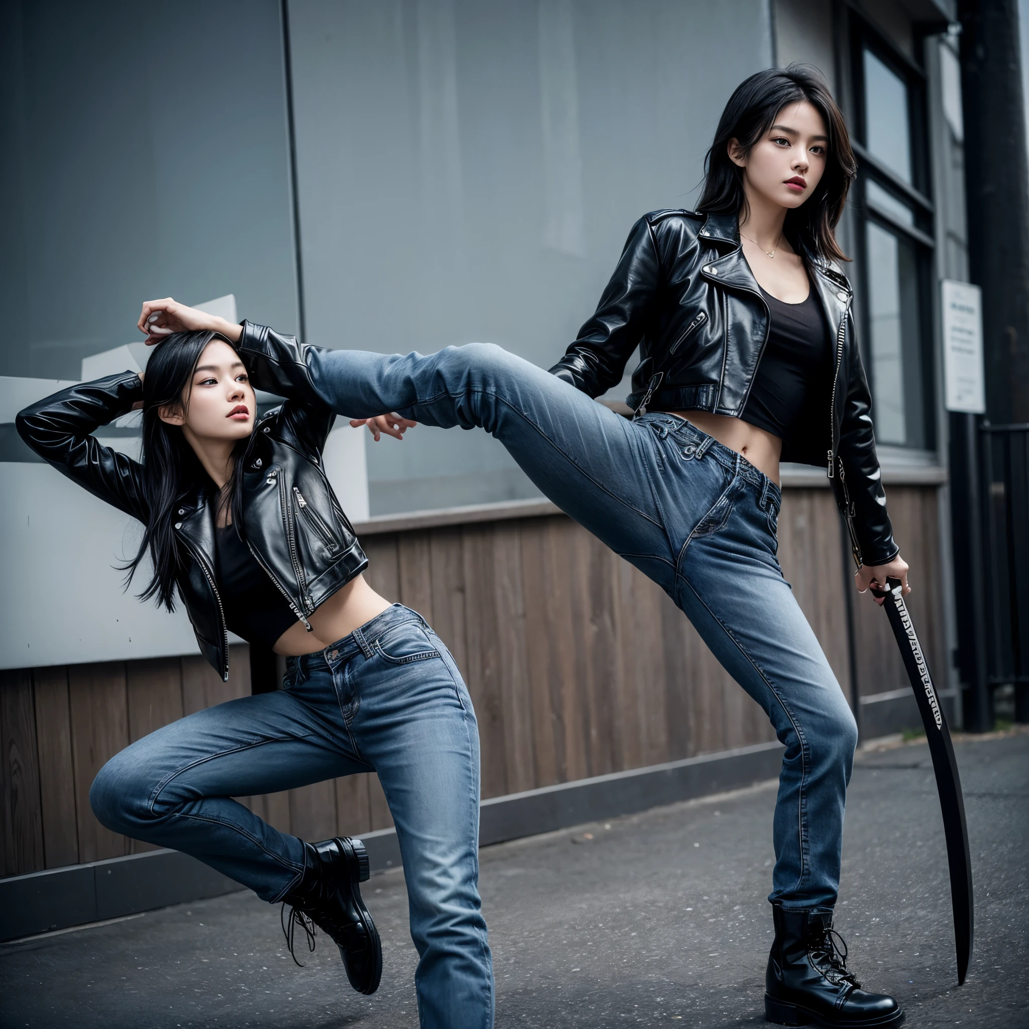 1girl,beautiful,black hair, wearing a black leather jacket,blue jeans,wearing boot shoes,skin glossy,standing and holding a katana,kicking an enemies,Surrealism, 8k, super detail