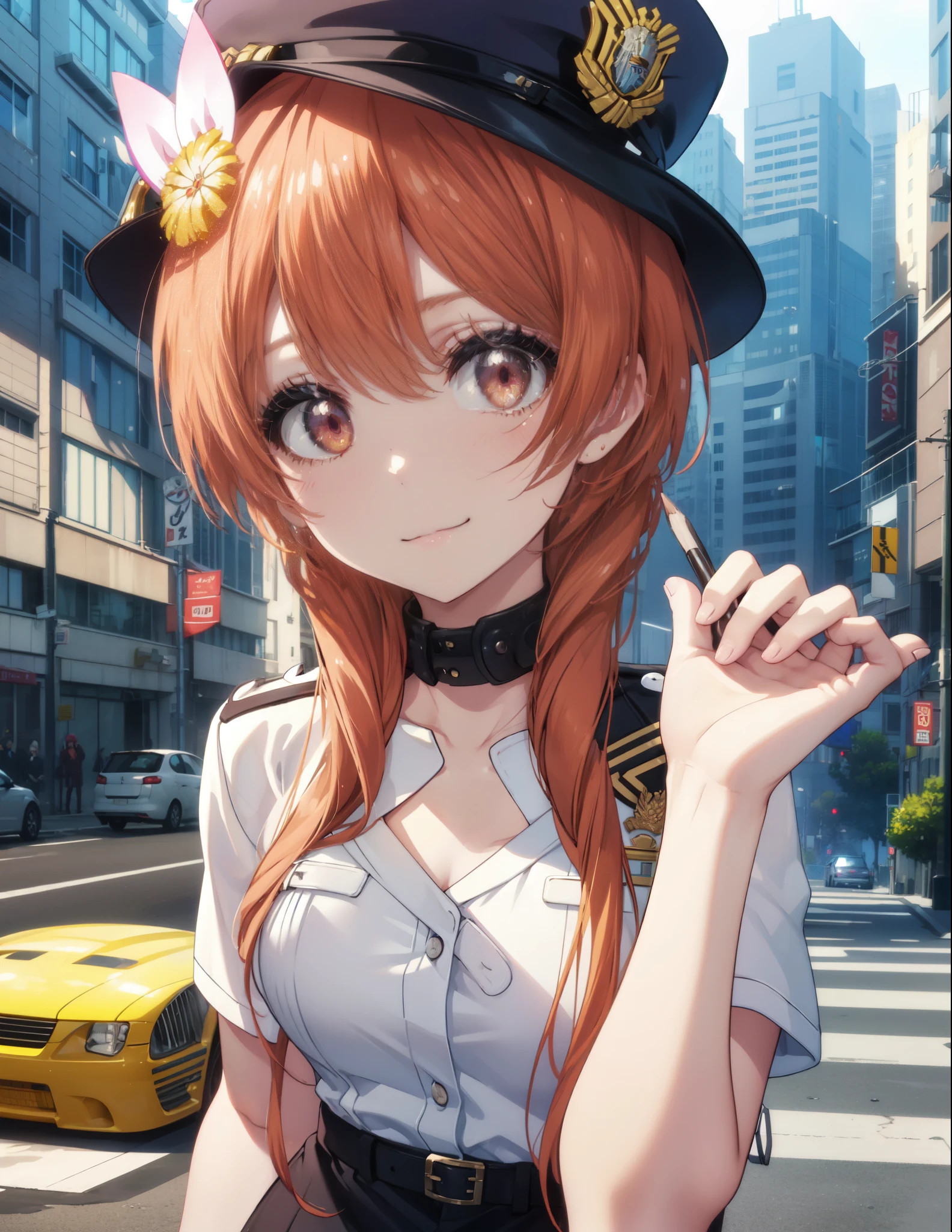 8k,highest quality,masterpiece,expensive body, expensive, long legs, mature female, mature, adult, It is_Nisekoi_orange, 1 girl, alone, hair ornaments, flower, hair flower, smile, null, long hair, outdoors,  brown hair, red eyes, clavicle, brown eyes, orange hair, side lock,sexy police uniform,police hat,black pencil skirt,White pantyhose,stiletto heels,whole body,Girl saluteasterpiece:1.2), highest quality, High resolution, unity 8k wallpaper, (shape:0.8), (beautiful and detailed eyes:1.6), highly detailed face, perfect lighting, Very detailed CG, (perfect hands, perfect anatomy),