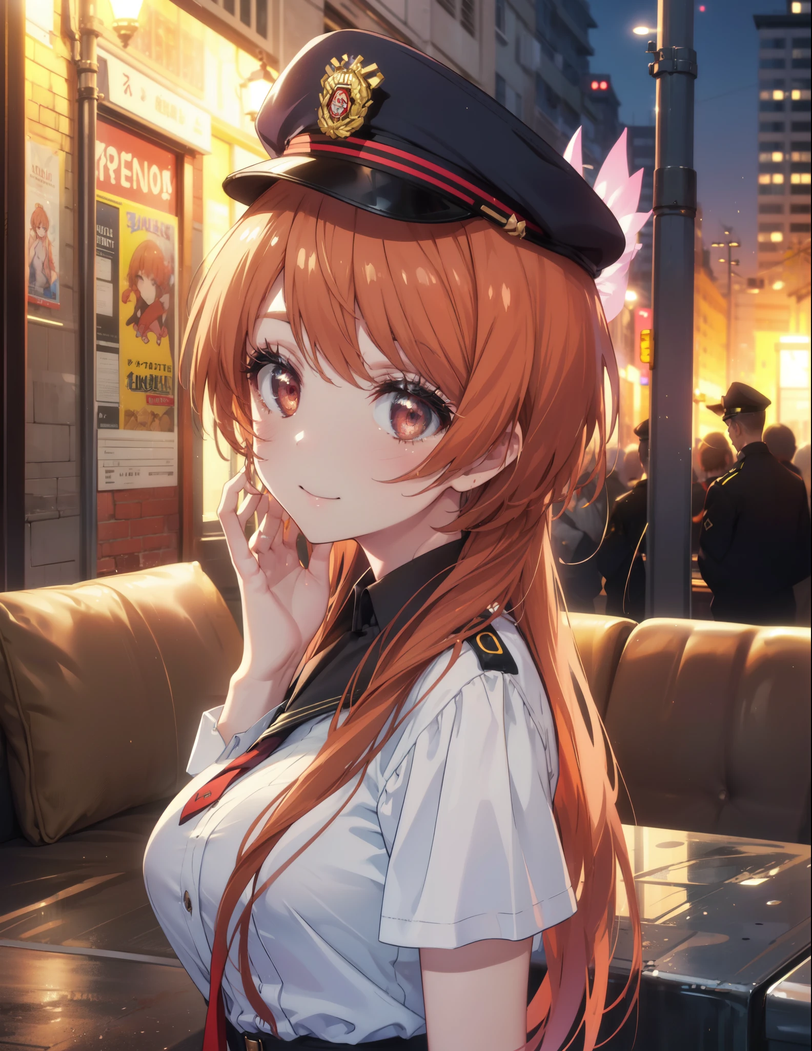 8k,highest quality,masterpiece,expensive body, expensive, long legs, mature female, mature, adult, It is_Nisekoi_orange, 1 girl, alone, hair ornaments, flower, hair flower, smile, null, long hair, outdoors,  brown hair, red eyes, clavicle, brown eyes, orange hair, side lock,sexy police uniform,police hat,black pencil skirt,White pantyhose,stiletto heels,whole body,Girl saluteasterpiece:1.2), highest quality, High resolution, unity 8k wallpaper, (shape:0.8), (beautiful and detailed eyes:1.6), highly detailed face, perfect lighting, Very detailed CG, (perfect hands, perfect anatomy),