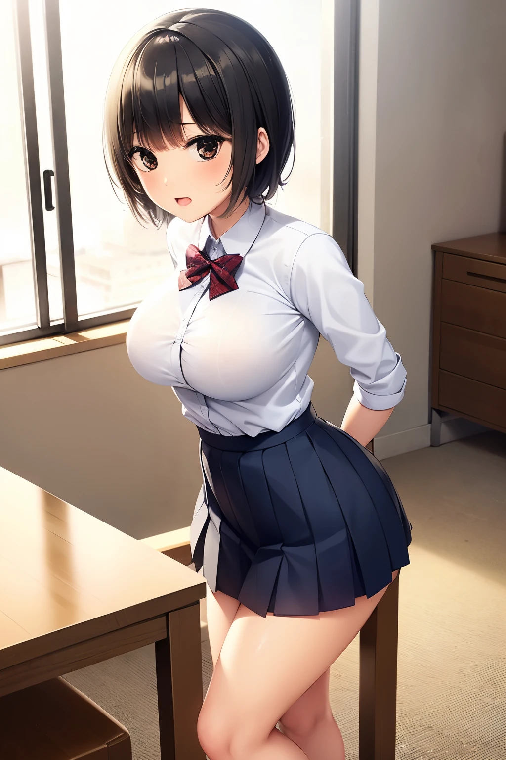 (masterpiece, highest quality, super detailed), (sumika), 1girl,  (slim:1.7), short hair, black hair, (big breasts:1.6), raised, Wet , Sweat,  beautiful face,  (Big eyes:1.5), cute,  fog,   (school uniform:0.6), (white shits:1.4), (Pleated skirt:1.4)  (from side:1.5),  JP SCHOOL UNIFORM, JS_ShortSkirt, (micro mini skirt:1.5), at school, window, (full body:1.5), white panty, skirt up, thong, 