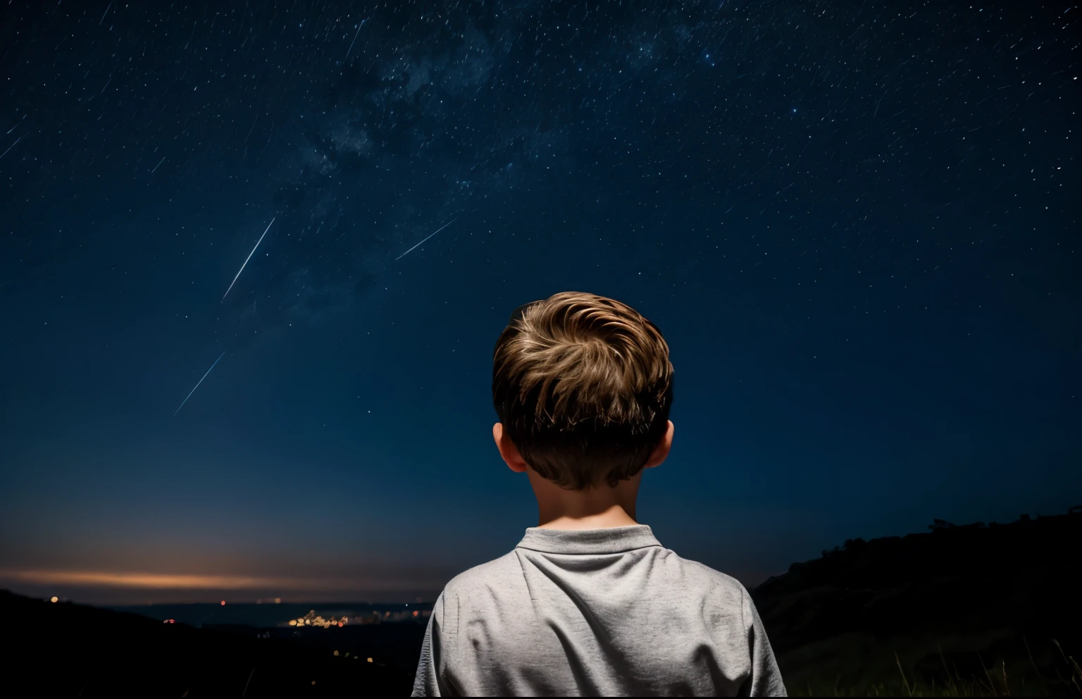 Boy looking at the night sky. Behind view