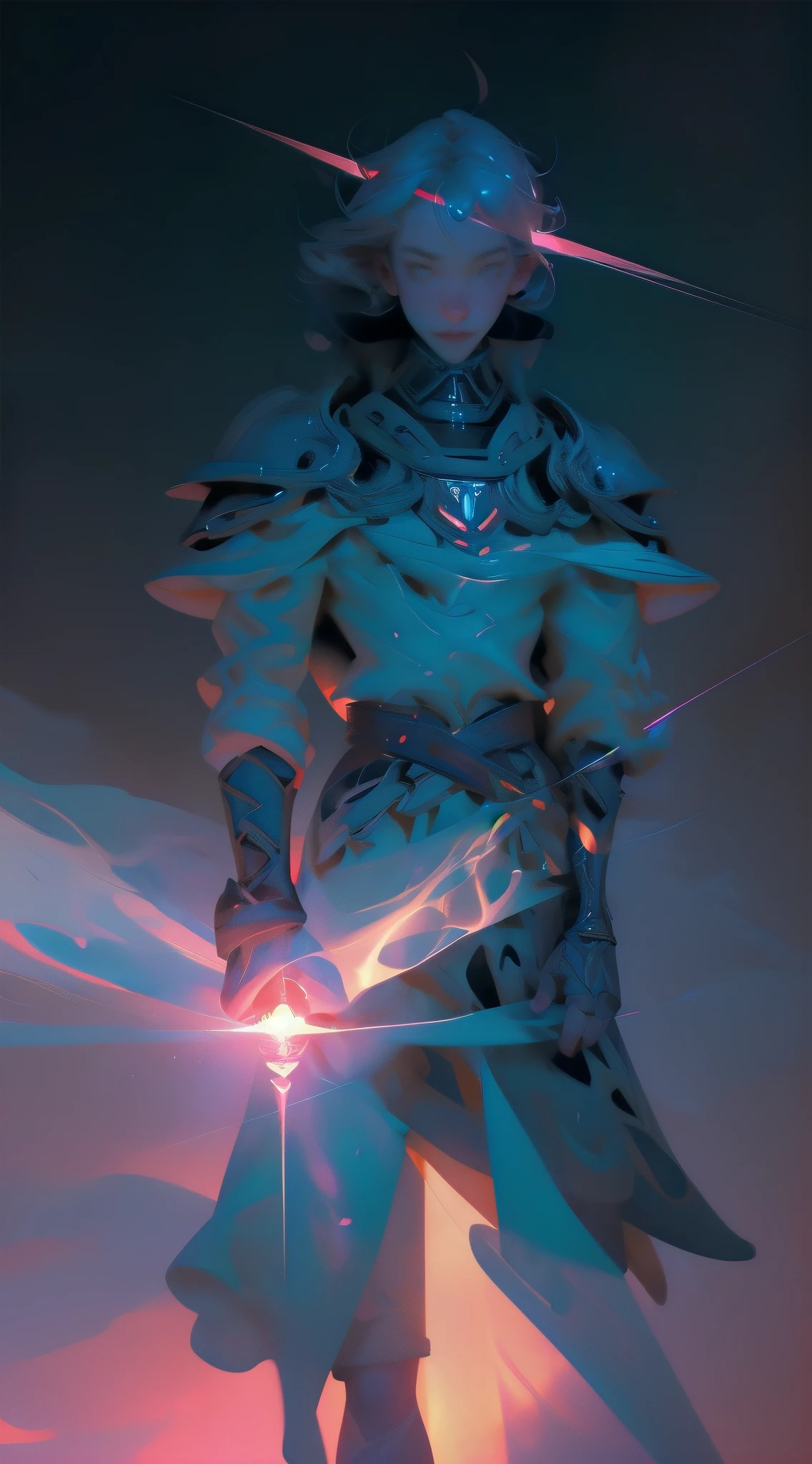 a formidable paladin,Wielding a radiant sword, Emit powerful light magic. The scene is set in a dark and mysterious cityscape, Illuminated by the light of the Paladin's sword. This work has been carefully crafted, Amazing attention to detail and lighting. The overall aesthetic is reminiscent of Fujifilm photography, Capture the beauty and depth of a scene.