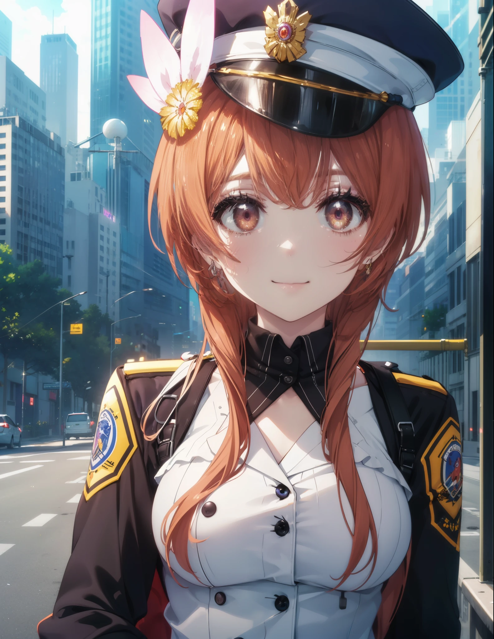 8k,highest quality,masterpiece,expensive body, expensive, long legs, mature female, mature, adult, It is_Nisekoi_orange, 1 girl, alone, hair ornaments, flower, hair flower, smile, null, long hair, outdoors,  brown hair, red eyes, clavicle, brown eyes, orange hair, side lock,sexy police uniform,police hat,black pencil skirt,White pantyhose,stiletto heels,whole body,Girl saluteasterpiece:1.2), highest quality, High resolution, unity 8k wallpaper, (shape:0.8), (beautiful and detailed eyes:1.6), highly detailed face, perfect lighting, Very detailed CG, (perfect hands, perfect anatomy),