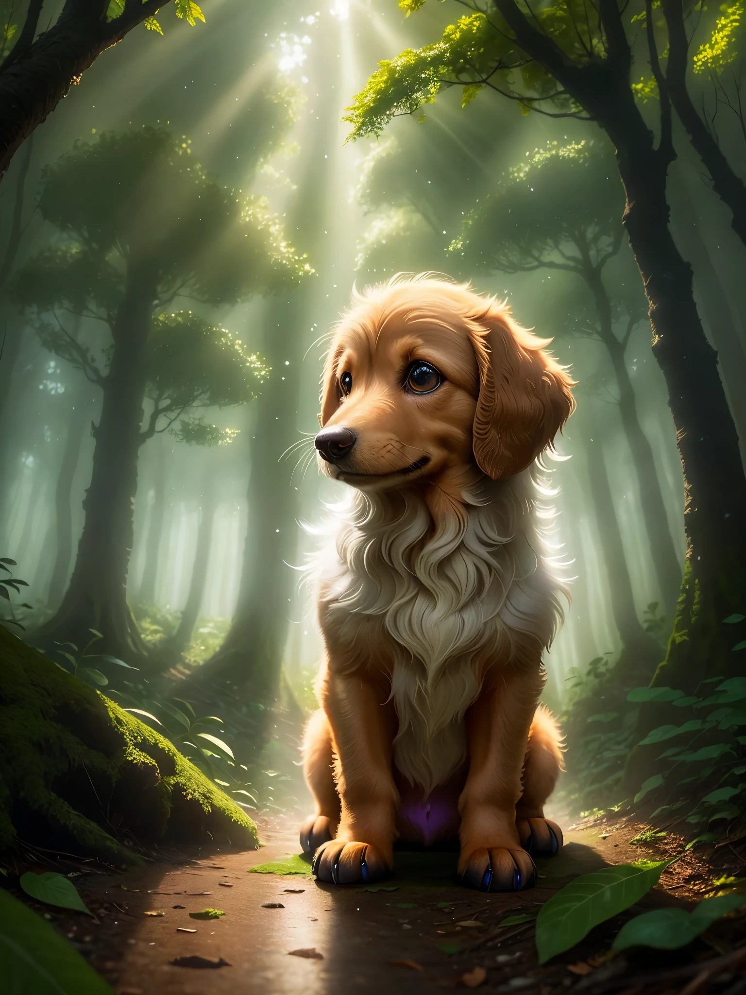 Title: A Magical Encounter in the Enchanted Forest

In the heart of an enchanted forest, a miniature dachshund puppy named Doodle explores the wonders of his mystical surroundings. The forest, bathed in ethereal backlight, presents a scene of pure enchantment. Fireflies, illuminating the forest floor with their soft, warm glow, dance around Doodle as he moves closer, his curiosity piqued.

The volumetric fog, filtering through the dense foliage, creates an atmosphere of depth and mystery. As the sunlight filters through the foggy veil, it casts a golden hue upon Doodle