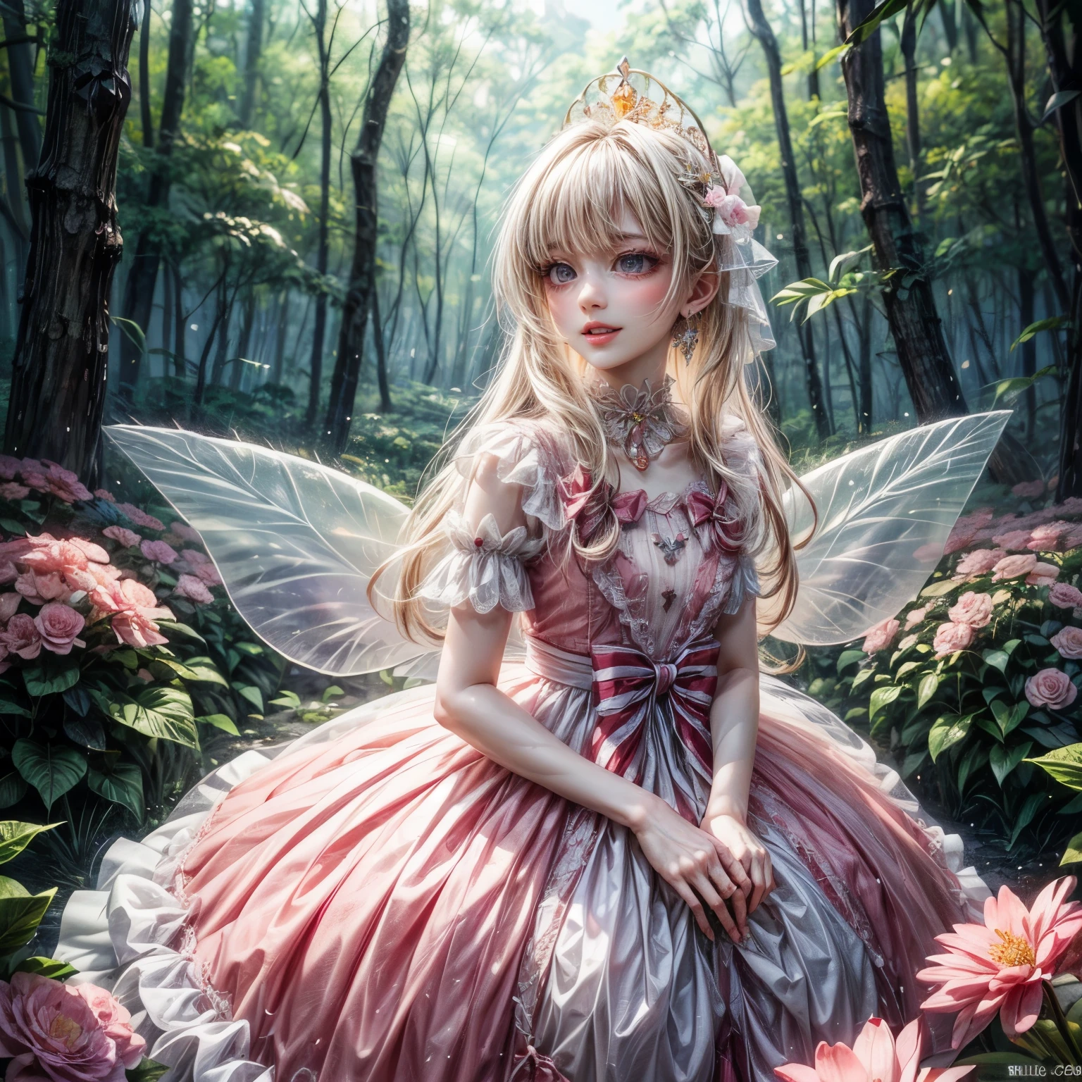( Absurd, High quality, ultra-detailed, masterpiece, concept art, smooth, highly detailed artwork, hyper-realistic painting ) , tiny little girl, strawberry girl, Strawberries, cute, whole body, Romantic, Vivid, dreamy, fantasy, fairy wings, in the forest, enchanting glow, very detailed art, reveal clothes, sexy lace underwear