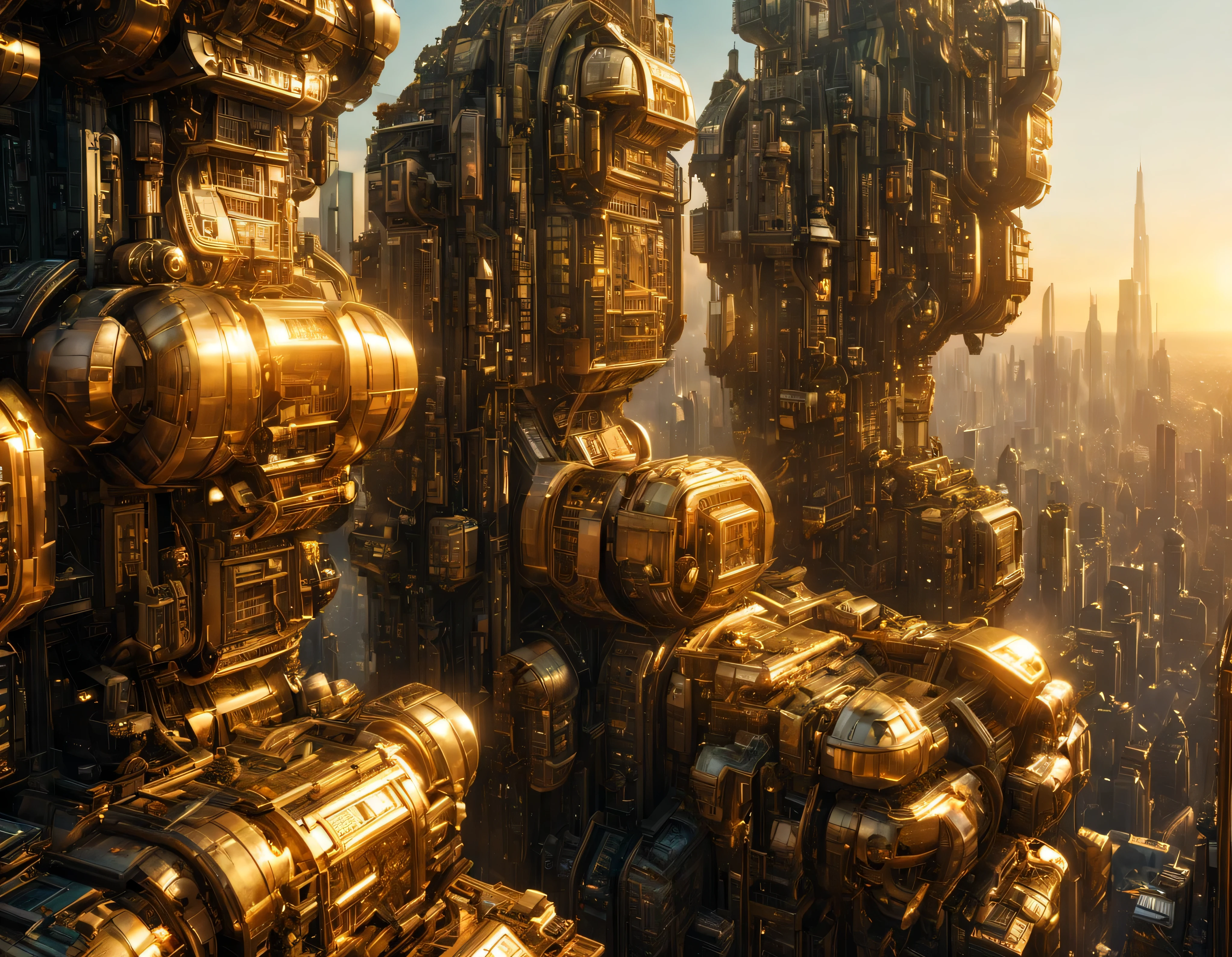 (golden hour lighting), megacity, megalopolis of an imaginary world of science fiction and maximum fantasy, con inmensos edificios ovalados y dodecaedricos agrupados de metal y cristal donde predomina el oro. imagen bien definida 8k, (intrincados detalles de la maquina), con muchos edificios juntos.(obra maestra de superior calidad).(imagen fotorrealista), nitidez absoluta hasta el fondo