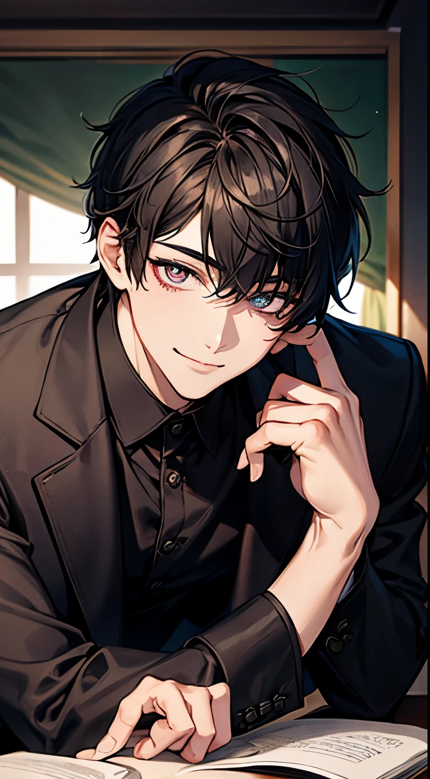 Men's,short detailed hair,black colored hair,(Eye 1:2,Clear eyes,Elaborate Eyes,Delicate pupils,Good eyes,eye detailed),Face Focus,Adult,In black suit,best qualtiy,facial detailing,Classroom,sit on desk,sitting in the couch,lazy,Detailed background,diffuse sunlight,depth of fields,Studying Smiling at your desk