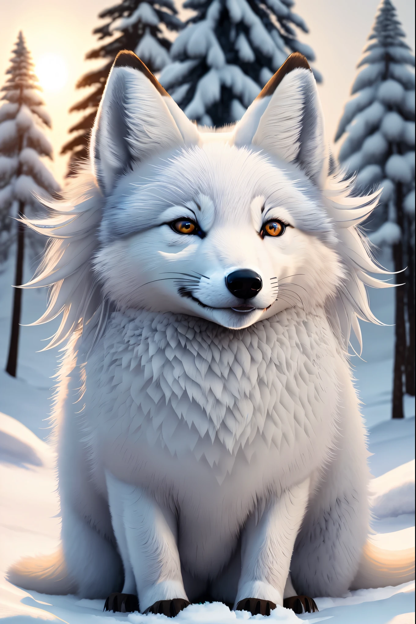 A male arctic fox, joyfully playing in a pure white snowy field. The sunlight shines on its fur, creating a dazzling silver-white shine. Surrounding the fox is a tranquil snowy landscape, with a row of neatly arranged snow-capped pine trees behind it, adding a beautiful backdrop to the scene. The high detail, ultra-quality, high-resolution, 1080p image captures the unique charm and natural beauty of the arctic fox. The fox's furry tail and sharp claws are particularly eye-catching. Its grey skin, grey ears, and golden eyes add many unique features to this arctic fox. Alone in the snow, the fox plays freely, exuding a sense of both solitude and .