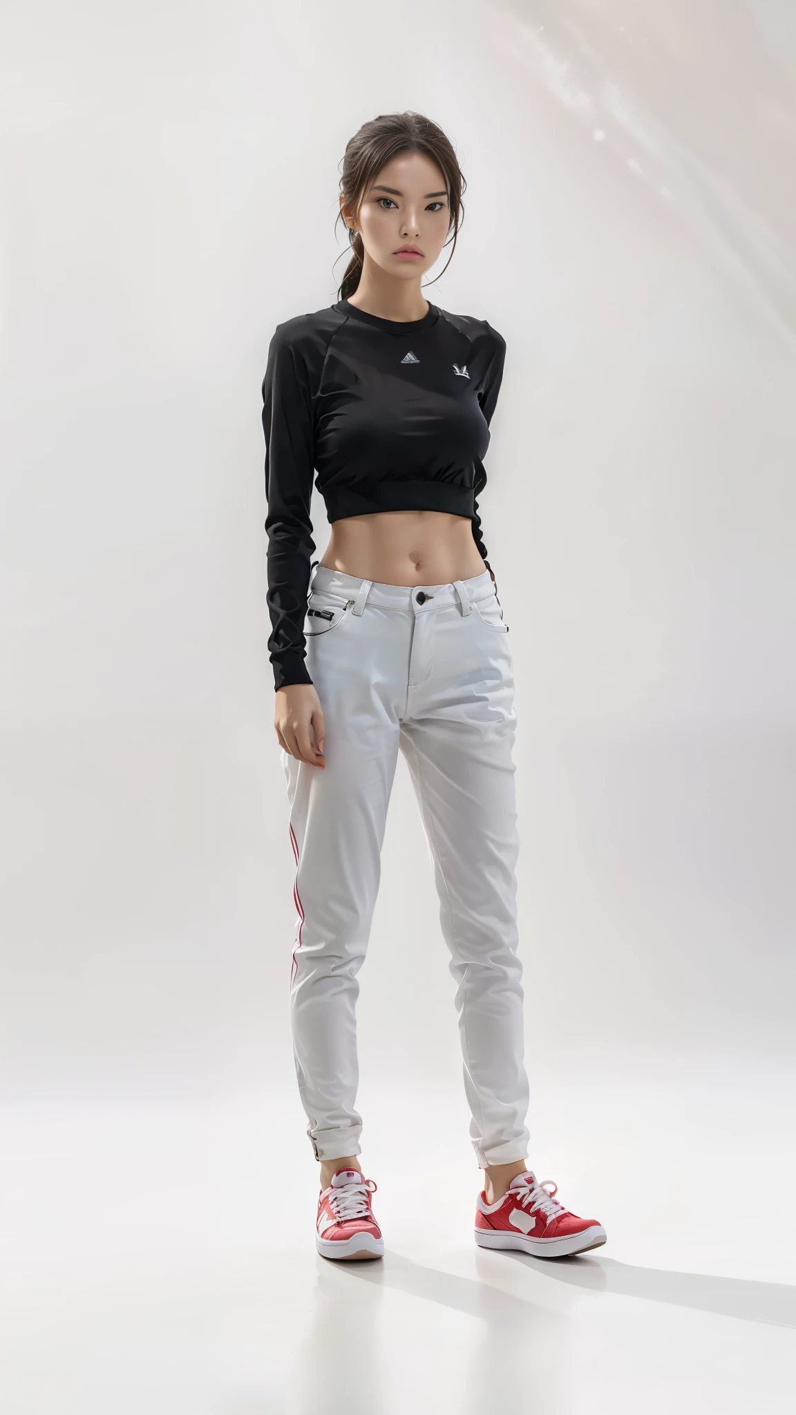 16K, Masterpiece, photorealism, A girl walks to her full height, a girl with dark long hair, a girl dressed in a white top, light jeans, white sneakers, white background,