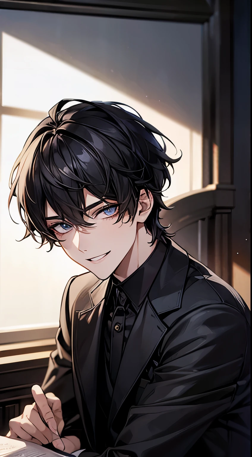 Men's,short detailed hair,black colored hair,(Eye 1:2,Clear eyes,Elaborate Eyes,Delicate pupils,Good eyes,eye detailed),Face Focus,Adult,In black suit,best qualtiy,facial detailing,Classroom,sit on desk,sitting in the couch,lazy,Detailed background,diffuse sunlight,depth of fields,Studying Smiling at your desk