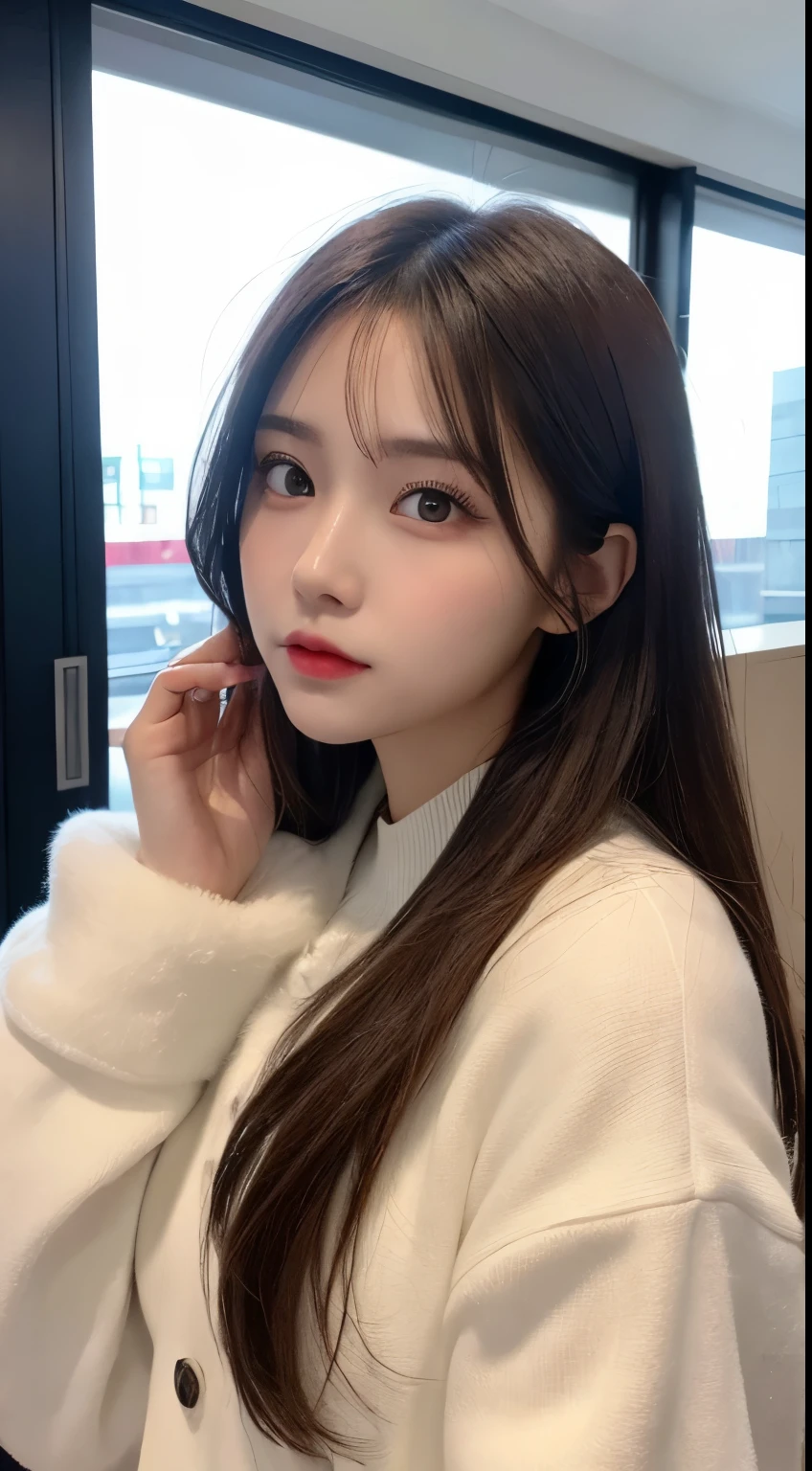 table top, highest quality, shape, Super detailed, finely, High resolution, 8k wallpaper, 完璧なダイナミックな構shape, beautiful and detailed eyes, Gorgeous winter fashion using fur,straight hair,small breasts、natural color lip,20 year old girl、cute、sexy looking at camera,beautiful and detailed face,perfect and beautiful face,KPOP idol face,Japanese idol faces,Elegant face,RAW photo,Big eyes,gal makeup,blur the background、real photos