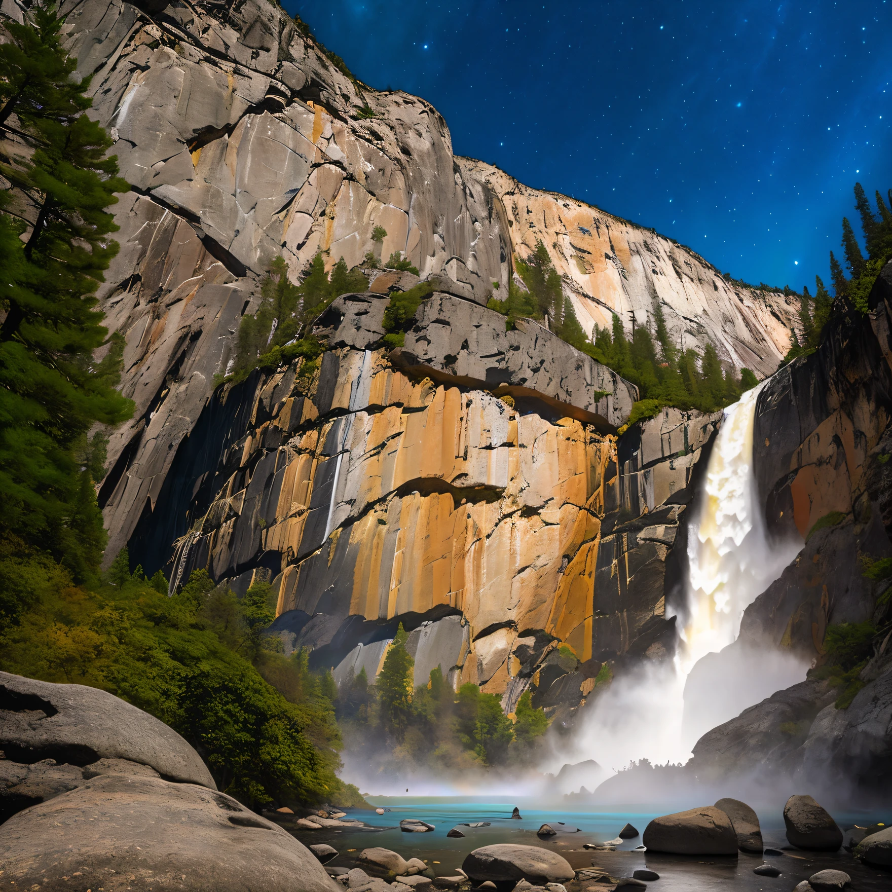 vector-style illustration of yoseimite national park in daytime setting, 8k realistic, large rock boulders, presence of lush evergreens, moonbow, yosemite, ethereal rainbows, ryan dyar, cascading iridescent waterfall, galactic waterfall, rainbow, yosemite valley, insanely mystical, rainbow river waterfall, lakes and waterfalls, f/3.2, waterfalls and lakes, rainbow reflections, nebula waterfalls, magical and mystical, just one rainbow, just one waterfall