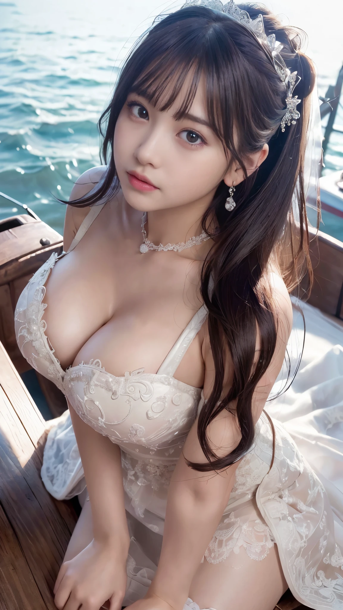 ((realistic lighting, highest quality, 8k, masterpiece: 1.3)), clear focus: 1.2, closed your mouth, balanced eyes, Detailed beautiful delicate face,(Detailed beautiful delicate eyes:1.32),Depth of the bounds written, cute, cute, looking at the viewer, cute, Idol, baby face, (gigantic breasts), (((super big breasts))), (((super plump body))), smile, beautiful_feet, shining eyes, blush, perfect body, (princess line wedding dress:1.3),(boat neck:1.5), bridal tiara, wedding veil, bridal gloves, full body, long-Hair, cozy bedroom, on the bed, sunlight, earrings, necklace, model, looking at the viewer, positive, absurd, (highest qualityの詳細:1.42), ((high ponytail)), realistic,8K high resolution, super detailed, high quality texture, intricate details, detailed texture, finely, high detail, Very detailed CG, high quality shadow,messy hair, floating hair, crawl on all fours, The absurdity of exposed cleavage,thighs,((low-angle shot)), face forward,forward leaning posture