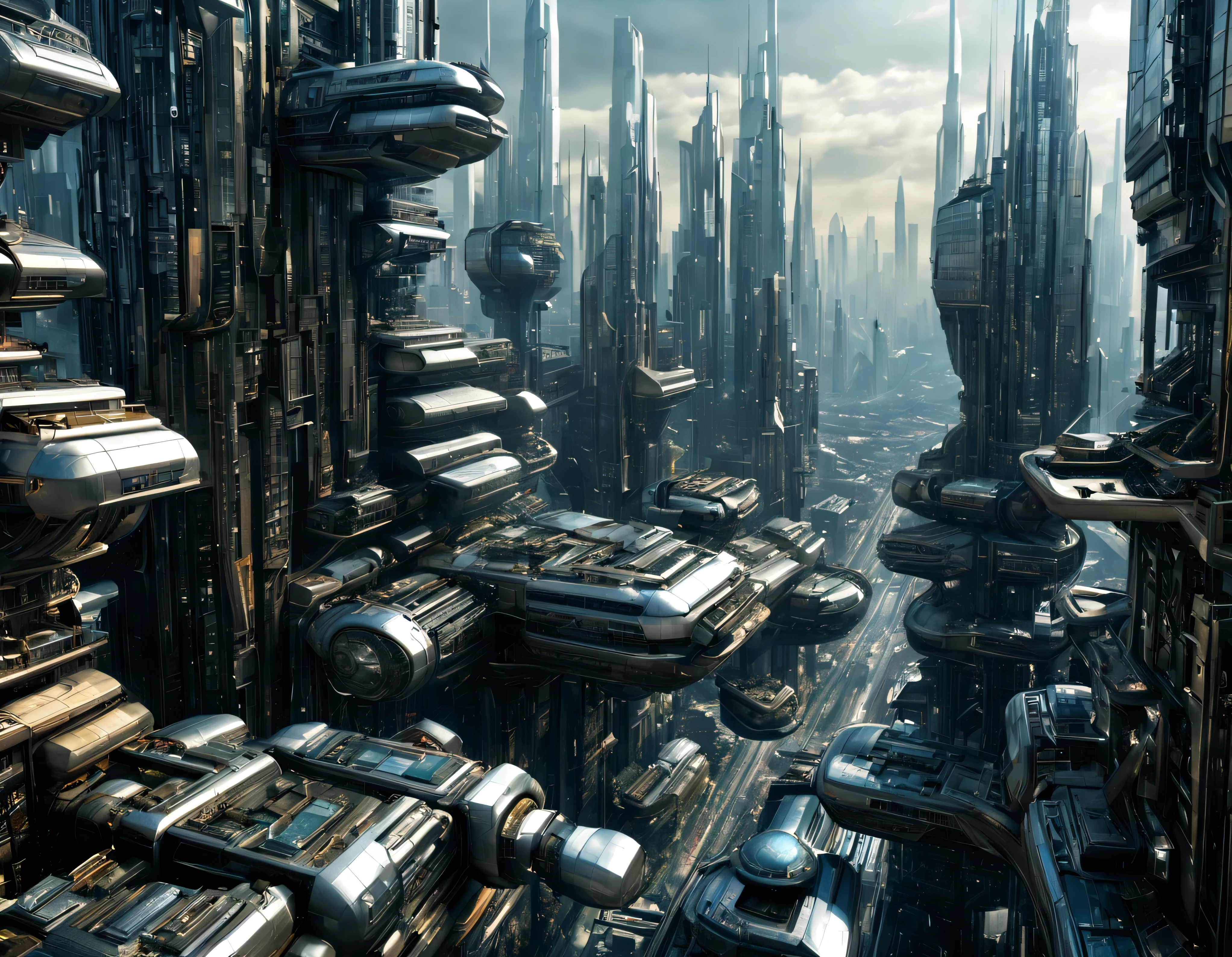the city of megacity futuristic science fiction city as it would be in the year 3029, vista desde una terraza , with high-tech design , conglomerado de edificios de metal y cristal, highways crossing them, de una inmensidad impresionante, con el empleo de oro , silver and bronze in its construction, realmente impresionante a la vista, imagen bien definida, sharp well defined background, con muchos edificios juntos. sharp well defined 8k image. los edificios llegan alta el fondo.,8k. cinematographic image, renderizado 3d, ((obra maestra de superior calidad)).