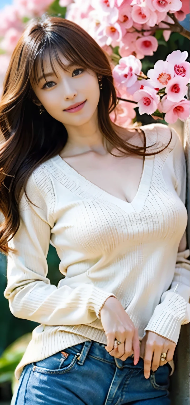 (((perfect anatomy))),((Ulzan 6500)),highest quality,very detailed,masterpiece,Super detailed,Stand with your legs crossed in front of a plum blossom in full bloom.,Angle from low rear position,超High resolution,(realistic:1.4,8k),In a park where plum blossoms are in full bloom and the morning sun shines brightly, I pull my chin and look over my shoulder.,A 20-year-old woman who is beautiful just by standing,The slim, muscular, big hips are irresistible.,((Perfectly sized pure white knit V-neck long sleeves and worn slim jeans are the best match)),The most adorable smile with raised eyebrows and corners of the mouth,Proud chestnut long vertically curled hair,High nose and deep chiseled face,Elegant appearance,Full body portrait including dynamic vinyl heels,magic lighting,Bright colors,Melting deep depth of field background using Hasselblad,(highest quality,4k,8k,High resolution,masterpiece:1.2),(realistic,realistic:1.37),
