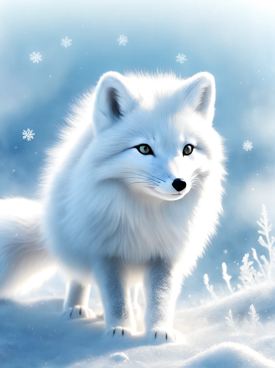 (best quality, 8k, high resolution, masterpiece:1.2), bright colors, magical atmosphere, whimsical, ((1 cute arctic snow fox, Rolling and playing in the incredibly beautiful snow，It&#39;s snowing，snowflake，white snow)), surreal, Psychedelic, intricate details, Beautiful texture, ethereal, like a dream, soft glow, charming pattern, fantasy creatures, hidden surprise, Fantastic snowscape, surreal color palette, Mysterious aura, Surrealism, fascinating journey, psychedelic trip, vivid imagination, Immersive experience, Mysterious creature, otherworldly charm, glow path, Snow lighting up arctic forests, surreal sky, whimsical scenery,, Wonderful encounter in the snow, Charming snow art