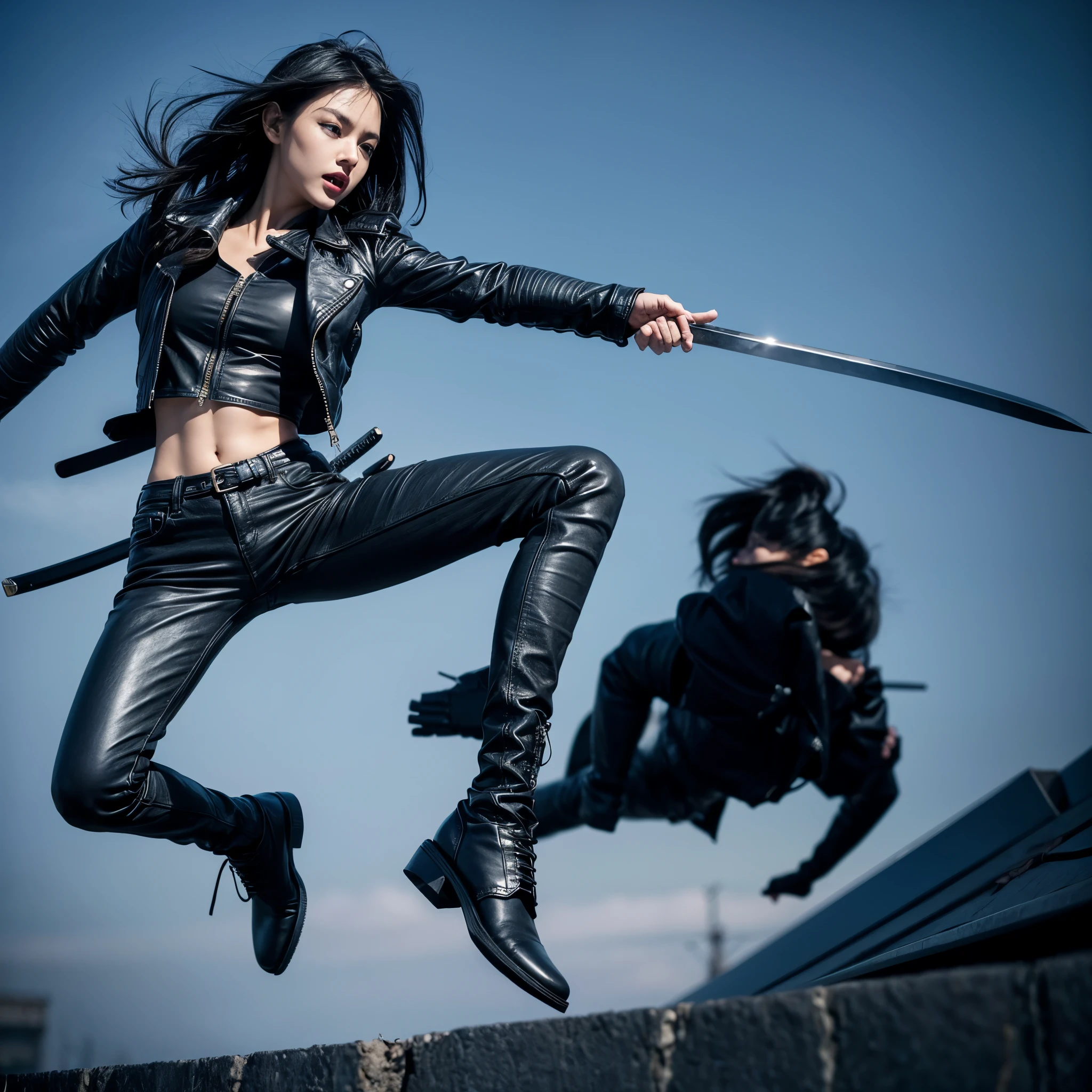 1girl,beautiful,black hair, wearing a black leather jacket,blue jeans,wearing boot shoes,skin glossy,jumping and holding a katana,attacking an enemies,Surrealism, 8k, super detail