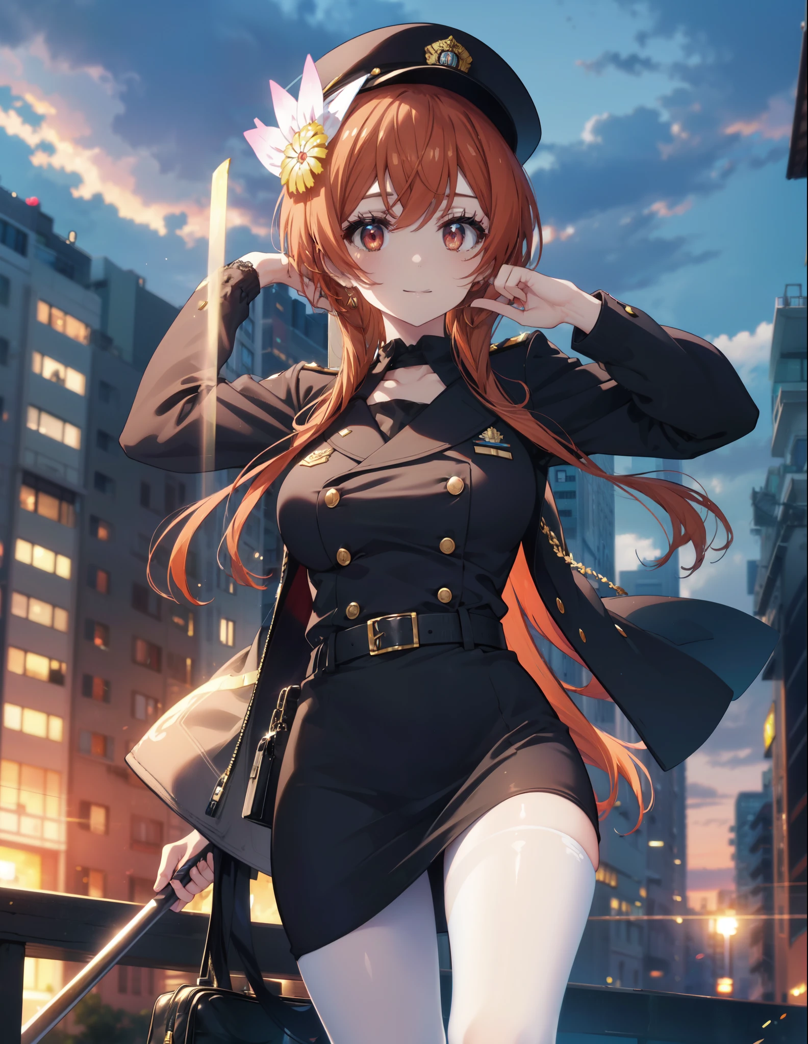 8k,highest quality,masterpiece,expensive body, expensive, long legs, mature female, mature, adult, It is_Nisekoi_orange, 1 girl, alone, hair ornaments, flower, hair flower, smile, null, long hair, outdoors,  brown hair, red eyes, clavicle, brown eyes, orange hair, bun hair,side lock,sexy police uniform,police hat,black pencil skirt,White pantyhose,stiletto heels,whole body,Girl salutes, In town,building street,sunset,evening, (cowboy shot:1. 5)(masterpiece:1.2), highest quality, High resolution, unity 8k wallpaper, (shape:0.8), (beautiful and detailed eyes:1.6), highly detailed face, perfect lighting, Very detailed CG, (perfect hands, perfect anatomy),