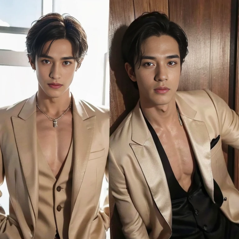 Handsome man , tuxedo, bare chest, 16k , uhl , details face , details , full length shit (fls) , full body seen