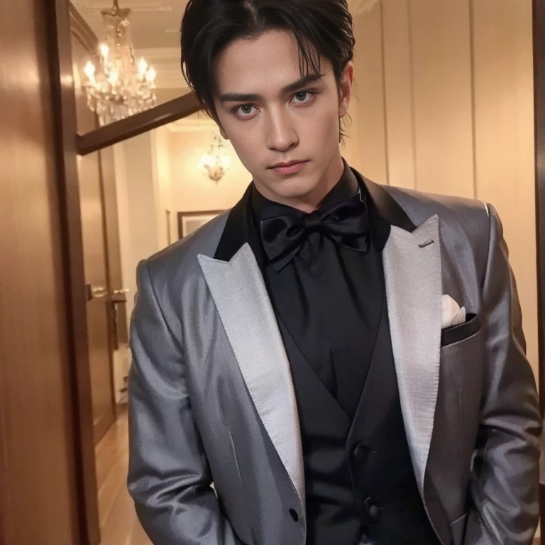 Handsome man ， tuxedo, bare chest, 16k , uhl , details face , details  , full length shit (fls) , full body seen