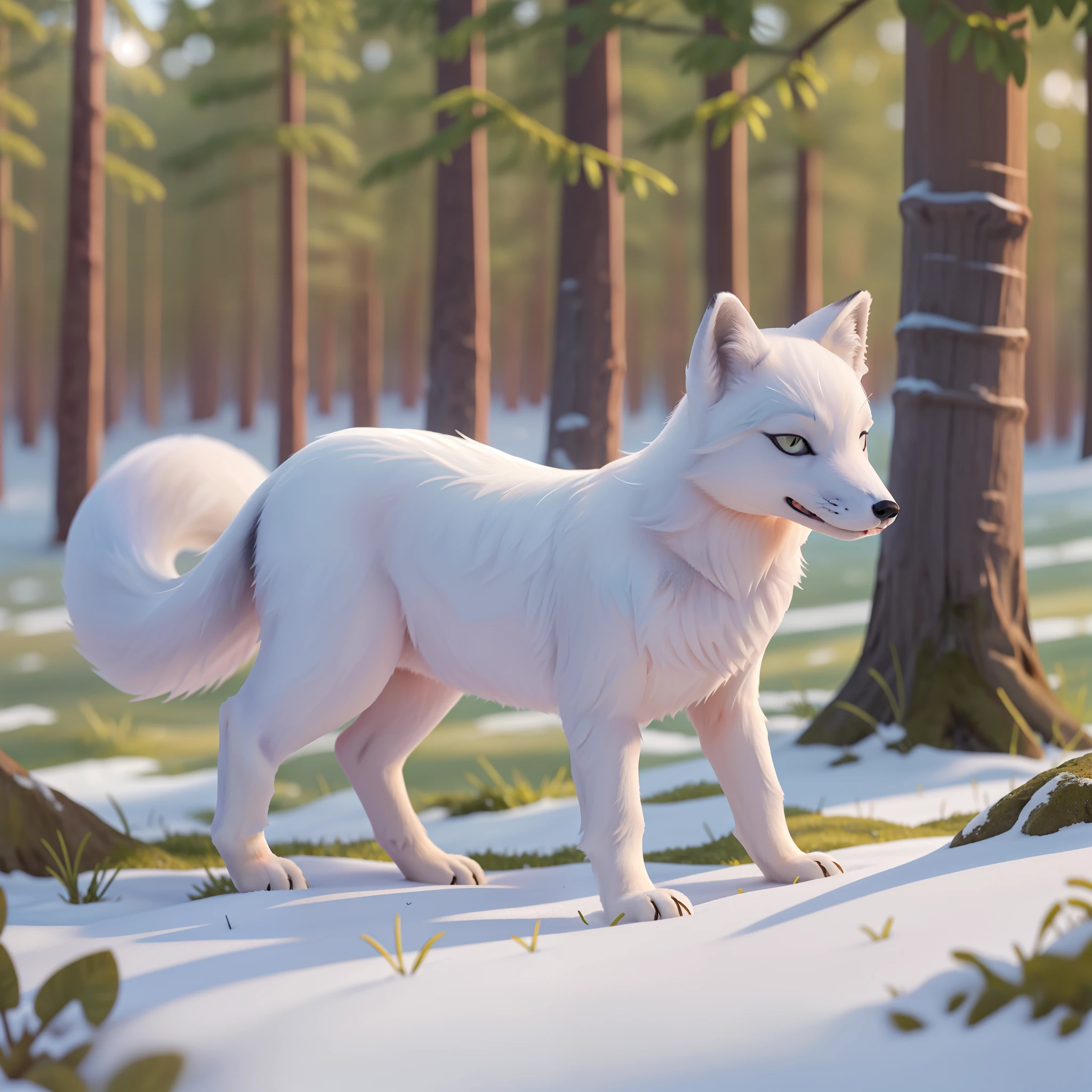 An arctic fox playfully frolicking in the pristine snow, with its fur glistening silver under the sunlight, set against a tranquil snowscape with a row of elegant snow-covered pines in the background, high-definition image, quality photograph, lifelike rendering, vivid colors, sharp details, in the style of National Geographic.