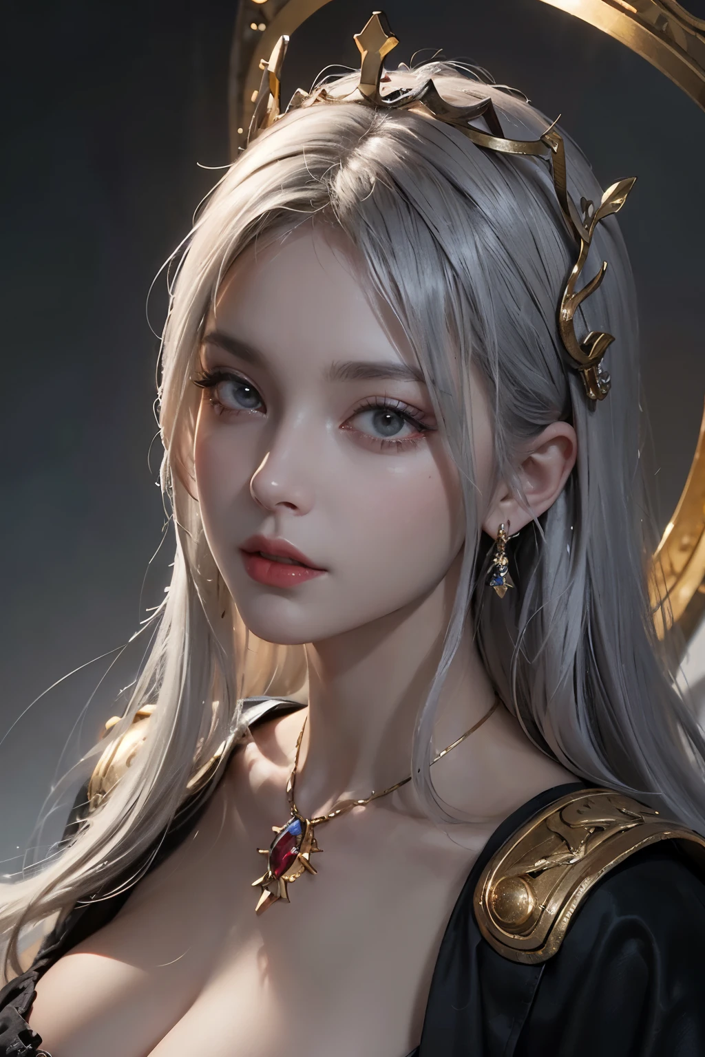 masterpiece,best quality,high resolution,8k,(portrait),Head close-up,digital photography,A red magic halo flashes behind the character,white hair,plump breasts,split,Elegant and serious,Arrogance and indifference,(crown of the gods),Ancient and mysterious,solemn,gray background,oc render reflection texture
