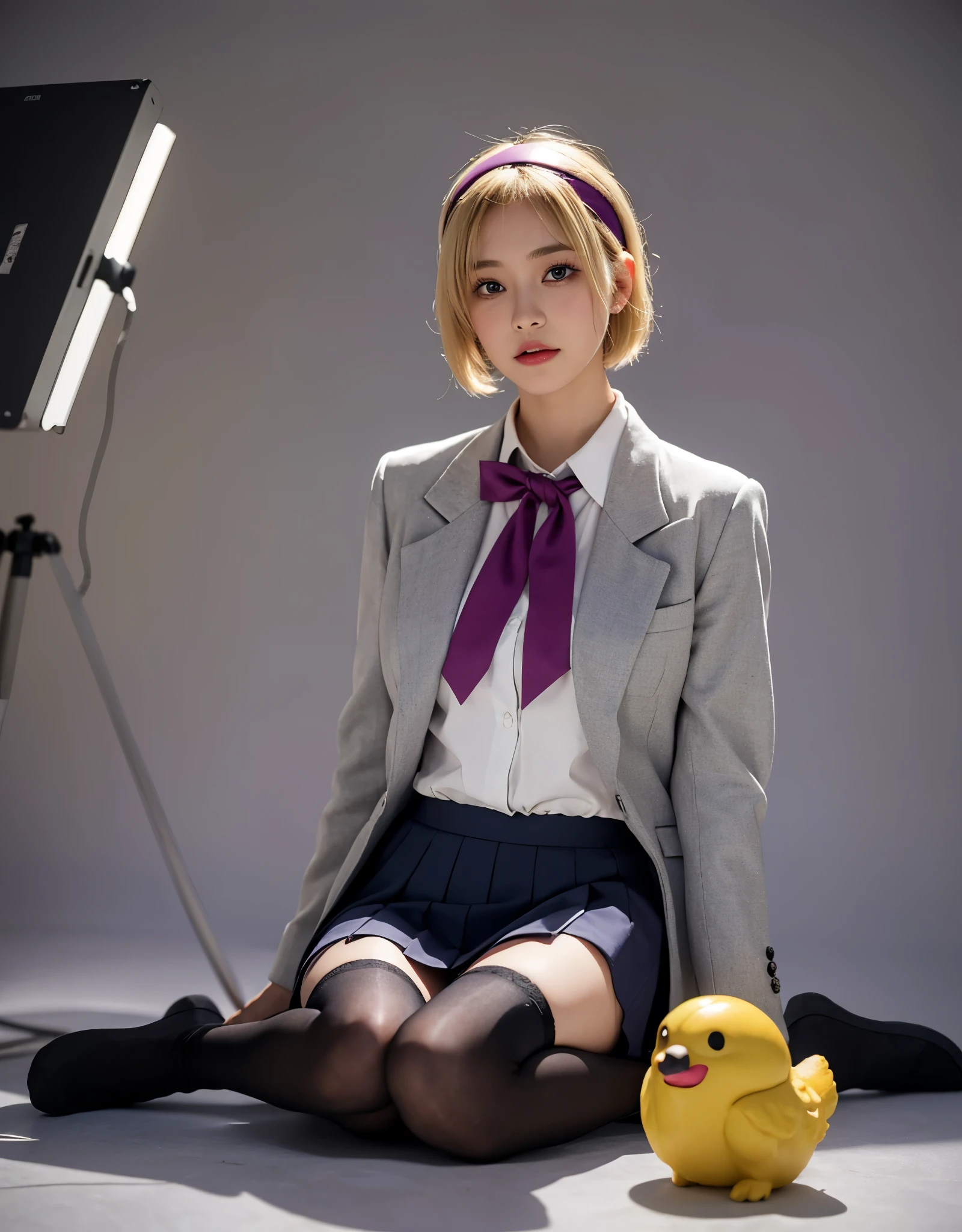 1 chica, full body photography, athletic, blonde hair, school uniform, gray cut suit jacket, Satoko, mid-short hair, constituir, Caderas anchas, Volumetric lighting, Mejor calidad, obra maestra, detalles intrincados, mapeo de tonos, sharp focus, hiper detallado, tendencia en artstation, Realista, profesional, joy face, vista frontal, detailed background, centered photo, purple eyes, black stockings, red suit, headband