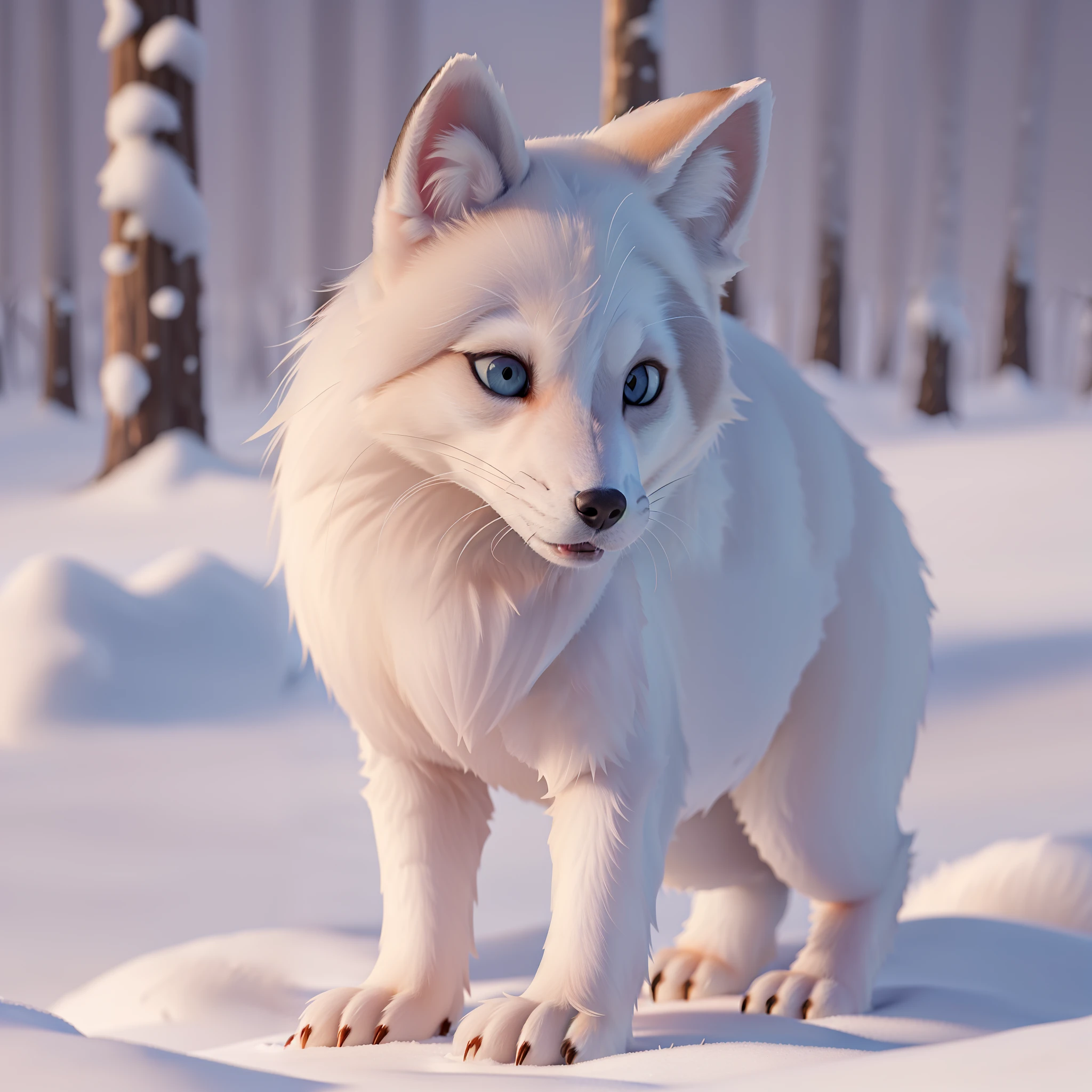 A male arctic fox, joyfully playing in a pure white snowy field. The sunlight shines on its fur, creating a dazzling silver-white shine. Surrounding the fox is a tranquil snowy landscape, with a row of neatly arranged snow-capped pine trees behind it, adding a beautiful backdrop to the scene. The high detail, ultra-quality, high-resolution, 1080p image captures the unique charm and natural beauty of the arctic fox. The fox's furry tail and sharp claws are particularly eye-catching. Its grey skin, grey ears, and golden eyes add many unique features to this arctic fox. Alone in the snow, the fox plays freely, exuding a sense of both solitude and .