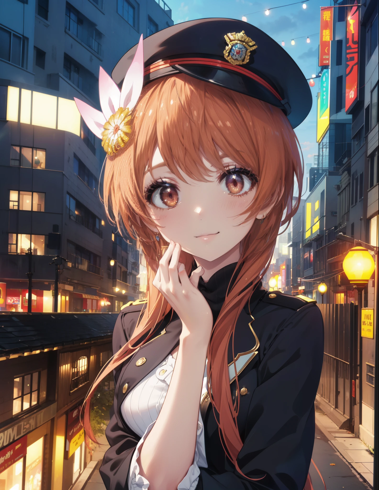 8k,highest quality,masterpiece,expensive body, expensive, long legs, mature female, mature, adult, It is_Nisekoi_orange, 1 girl, alone, hair ornaments, flower, hair flower, smile, null, long hair, outdoors,  brown hair, red eyes, clavicle, brown eyes, orange hair, bun hair,side lock,sexy police uniform,police hat,black pencil skirt,White pantyhose,stiletto heels,whole body,The girl salutes with her left hand, Place your right hand on your waist,In town,building street,sunset,evening, (cowboy shot:1. 5)(masterpiece:1.2), highest quality, High resolution, unity 8k wallpaper, (shape:0.8), (beautiful and detailed eyes:1.6), highly detailed face, perfect lighting, Very detailed CG, (perfect hands, perfect anatomy),