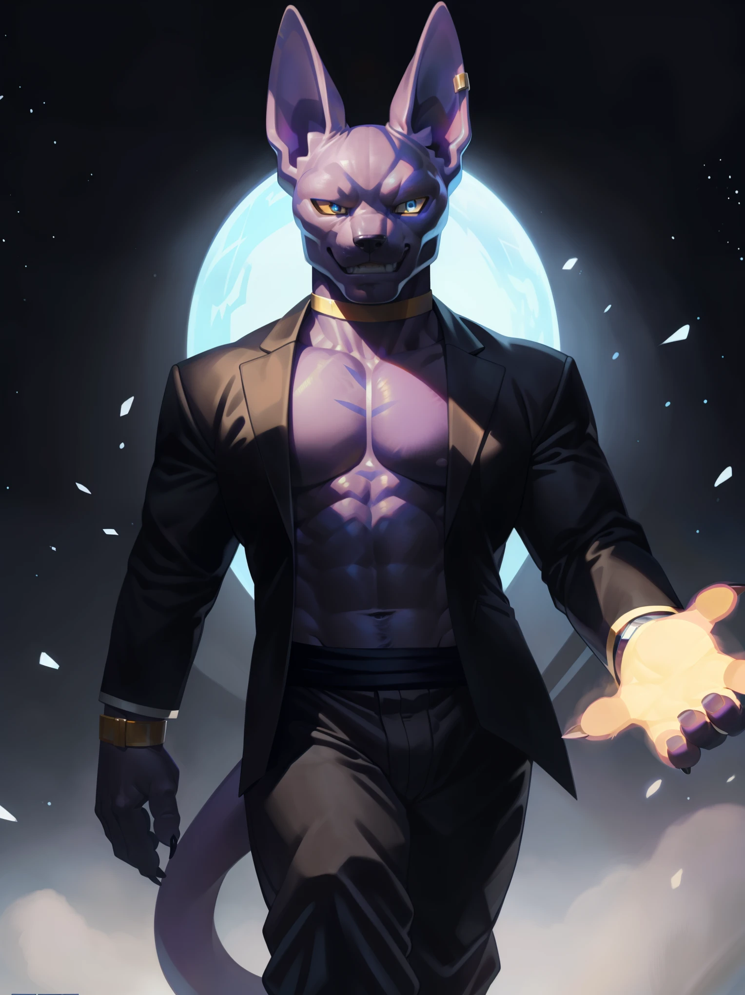 solo,anthro,furry,furry male, beerus,((fluffy fur,fluffy,furry body)), business suit, beerus print), suit, black suit pants, formal suit, Blue eyes, slender, tail , detailed skin,detailed face,detailed eyes, chest, abs,bare chest,full body,suit pants, open shirt, collard shirt, black suit, fur trimming, watch, rings, cyberpunk,(by null-ghost,by raccoon21,masterpiece,high quality,hi res,8k hd),standing,close-view portrait,walking at viewer,night,indoor, spash art, grin strong, powerful, detailes teeth, claws, glass eye,