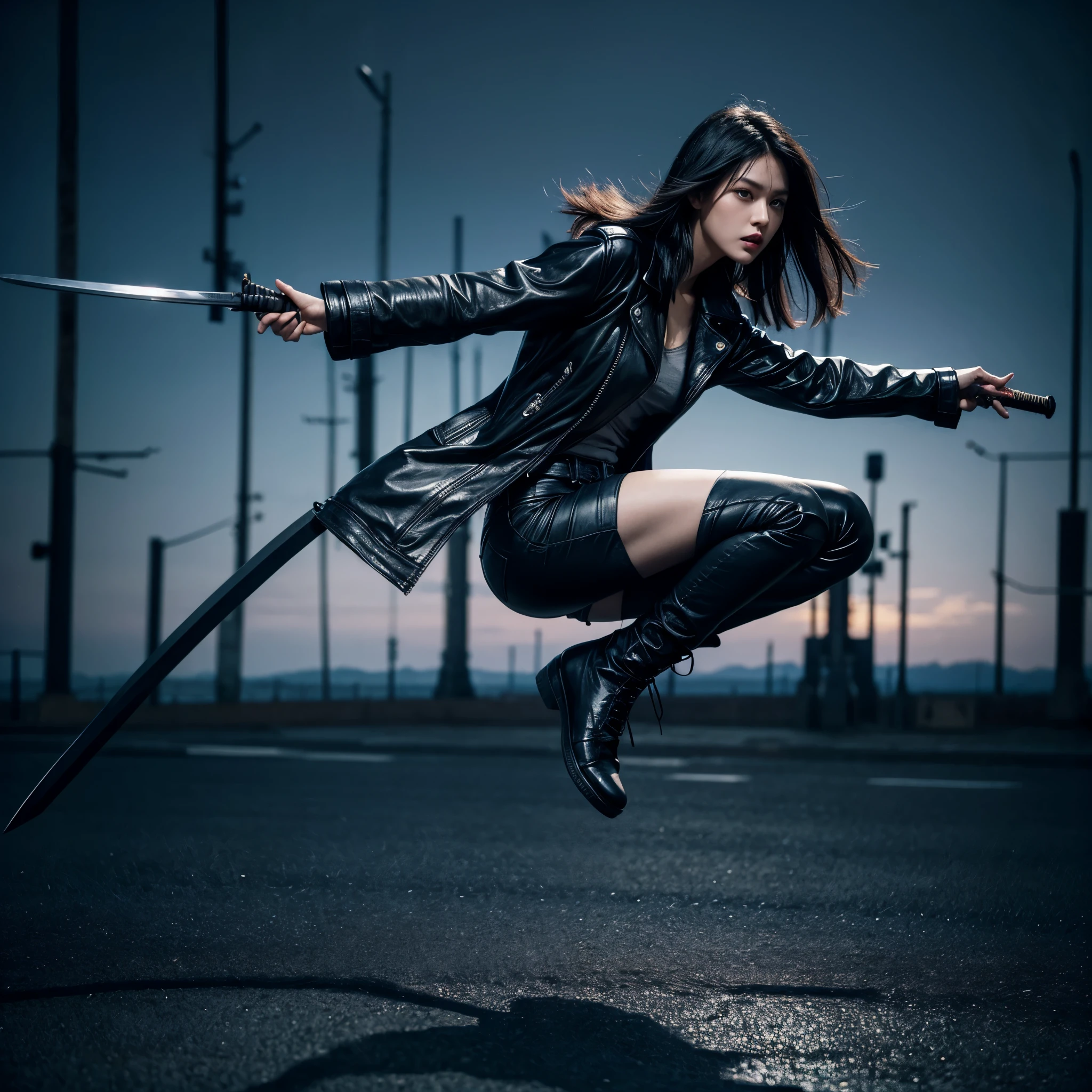 1girl,beautiful,black hair, wearing a black leather jacket,blue jeans,wearing boot shoes,skin glossy,jumping and holding a katana,attacking an enemies,Surrealism, 8k, super detail